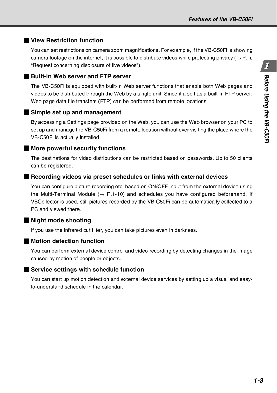 Canon Vb-C50fi user manual View Restriction function, Built-in Web server and FTP server, Simple set up and management 