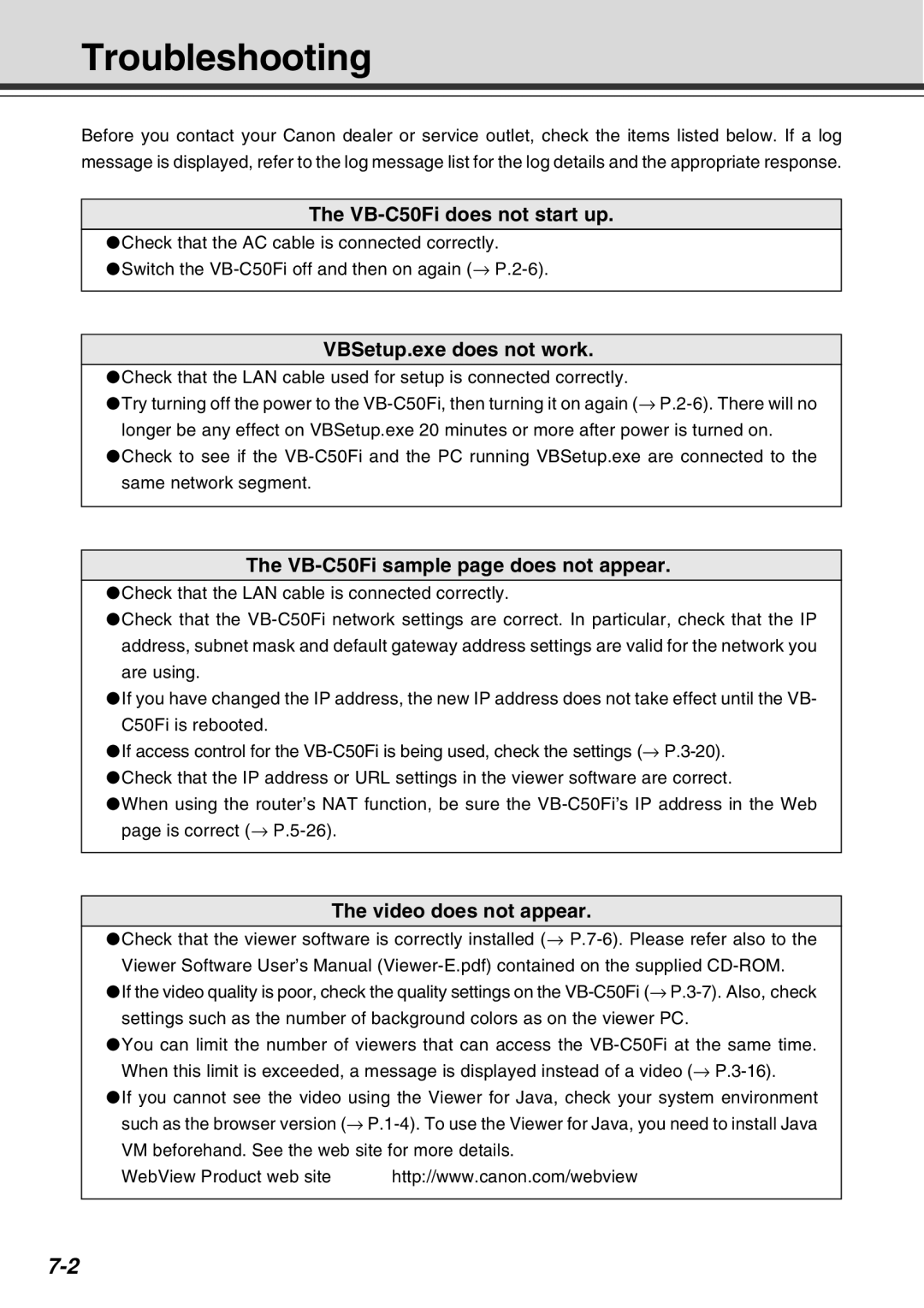 Canon Vb-C50fi user manual Troubleshooting, VB-C50Fi does not start up, VBSetup.exe does not work, Video does not appear 
