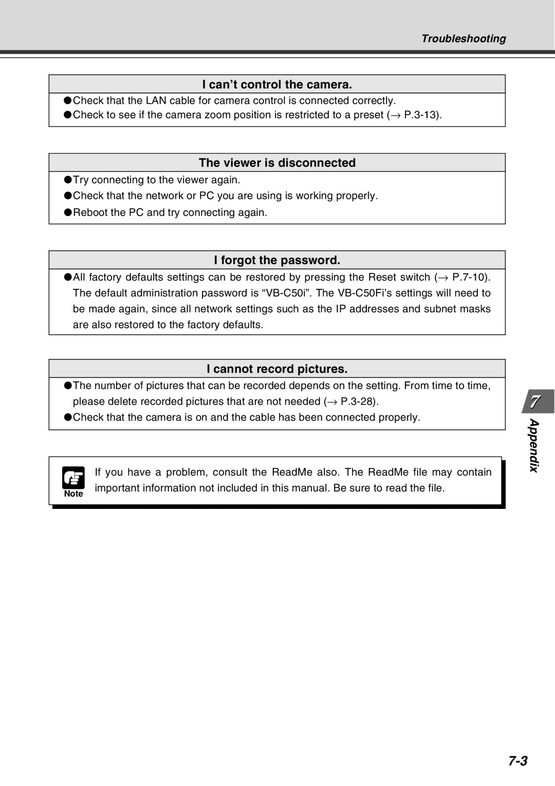 Canon Vb-C50fi user manual Can’t control the camera, Viewer is disconnected, Forgot the password, Cannot record pictures 