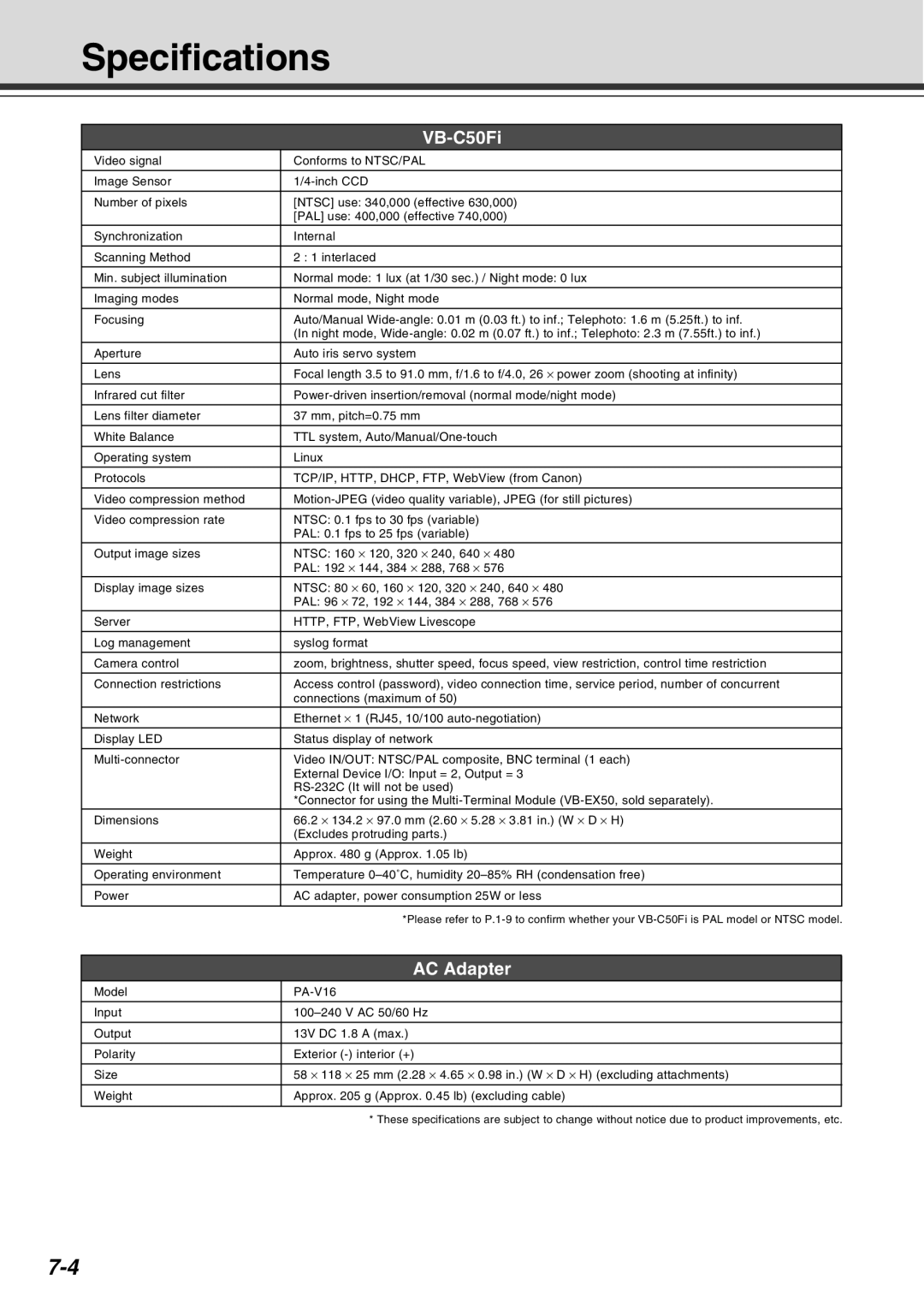 Canon Vb-C50fi user manual Specifications, VB-C50Fi 