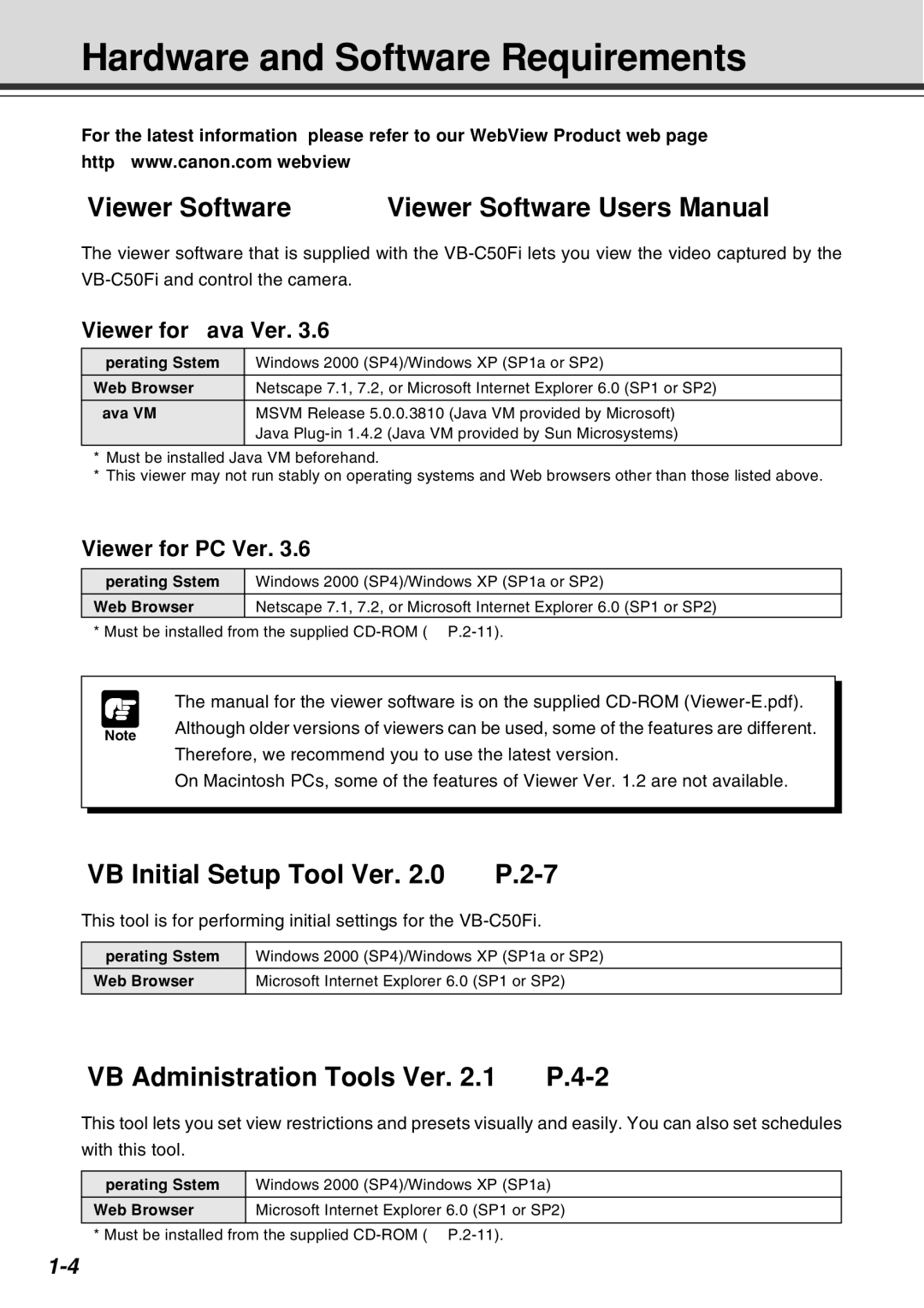 Canon Vb-C50fi user manual Hardware and Software Requirements, Viewer Software → dViewer Software User’s Manual 