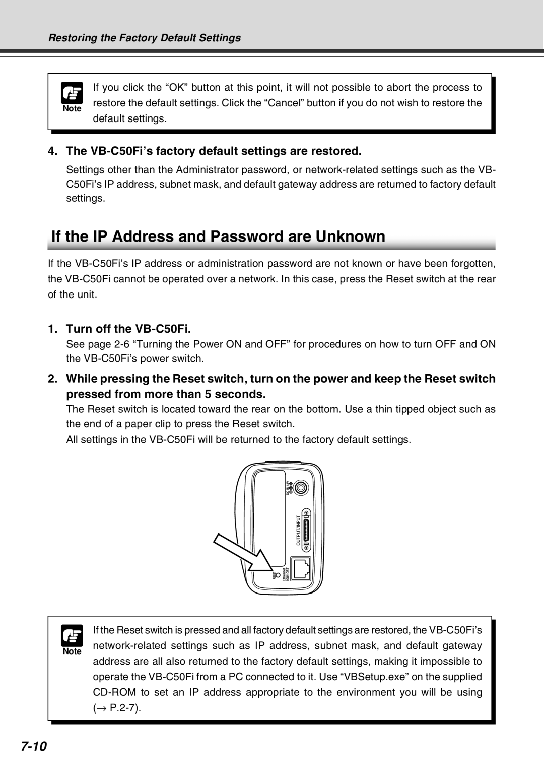 Canon Vb-C50fi user manual If the IP Address and Password are Unknown, VB-C50Fi’s factory default settings are restored 