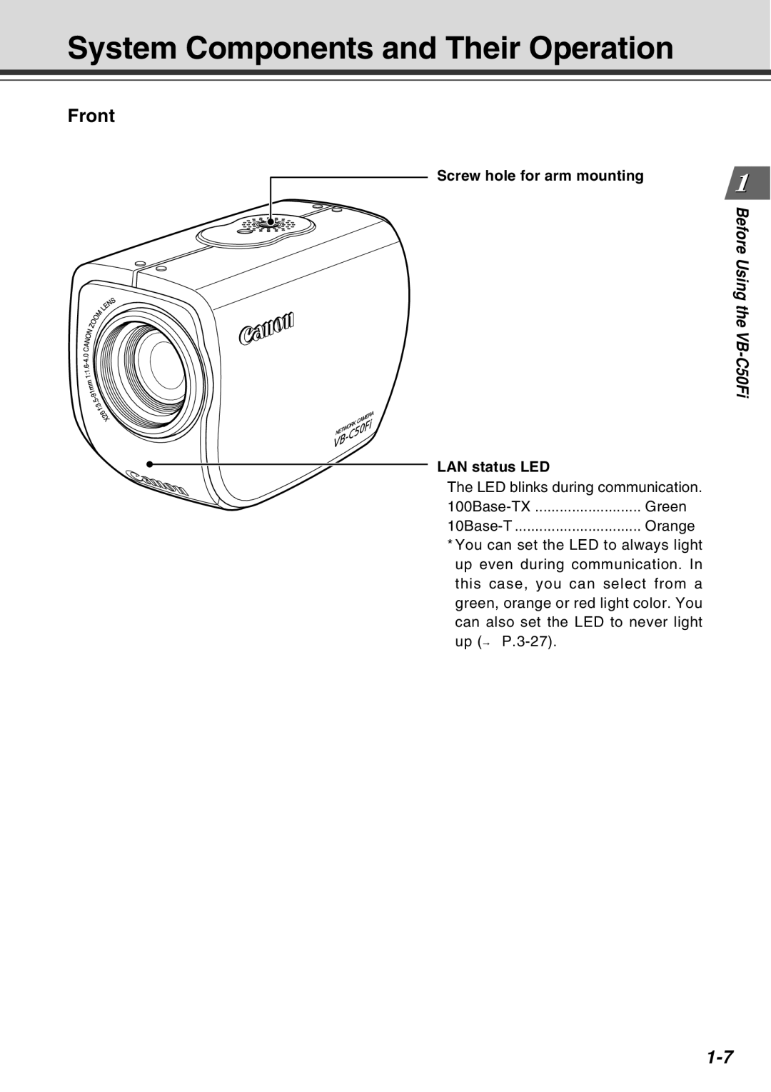 Canon Vb-C50fi user manual System Components and Their Operation, Front, Screw hole for arm mounting, LAN status LED 