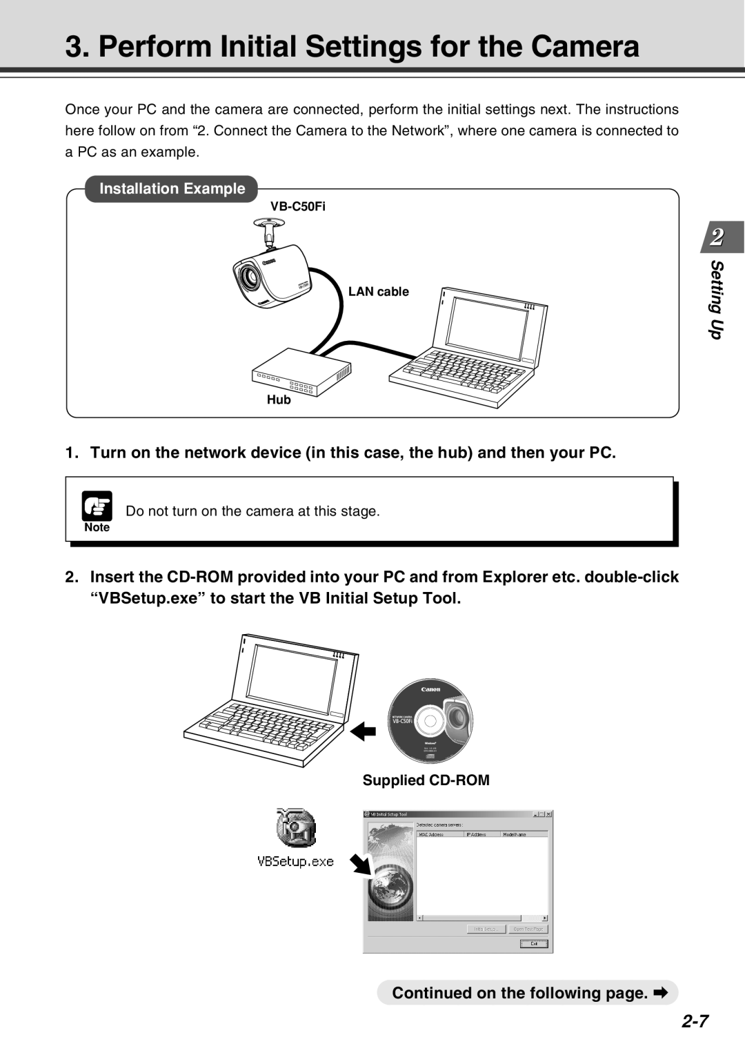 Canon Vb-C50fi Perform Initial Settings for the Camera, On the following page. a, Supplied CD-ROM, VB-C50Fi LAN cable Hub 