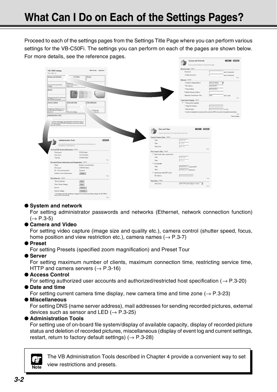 Canon Vb-C50fi user manual What Can I Do on Each of the Settings Pages? 