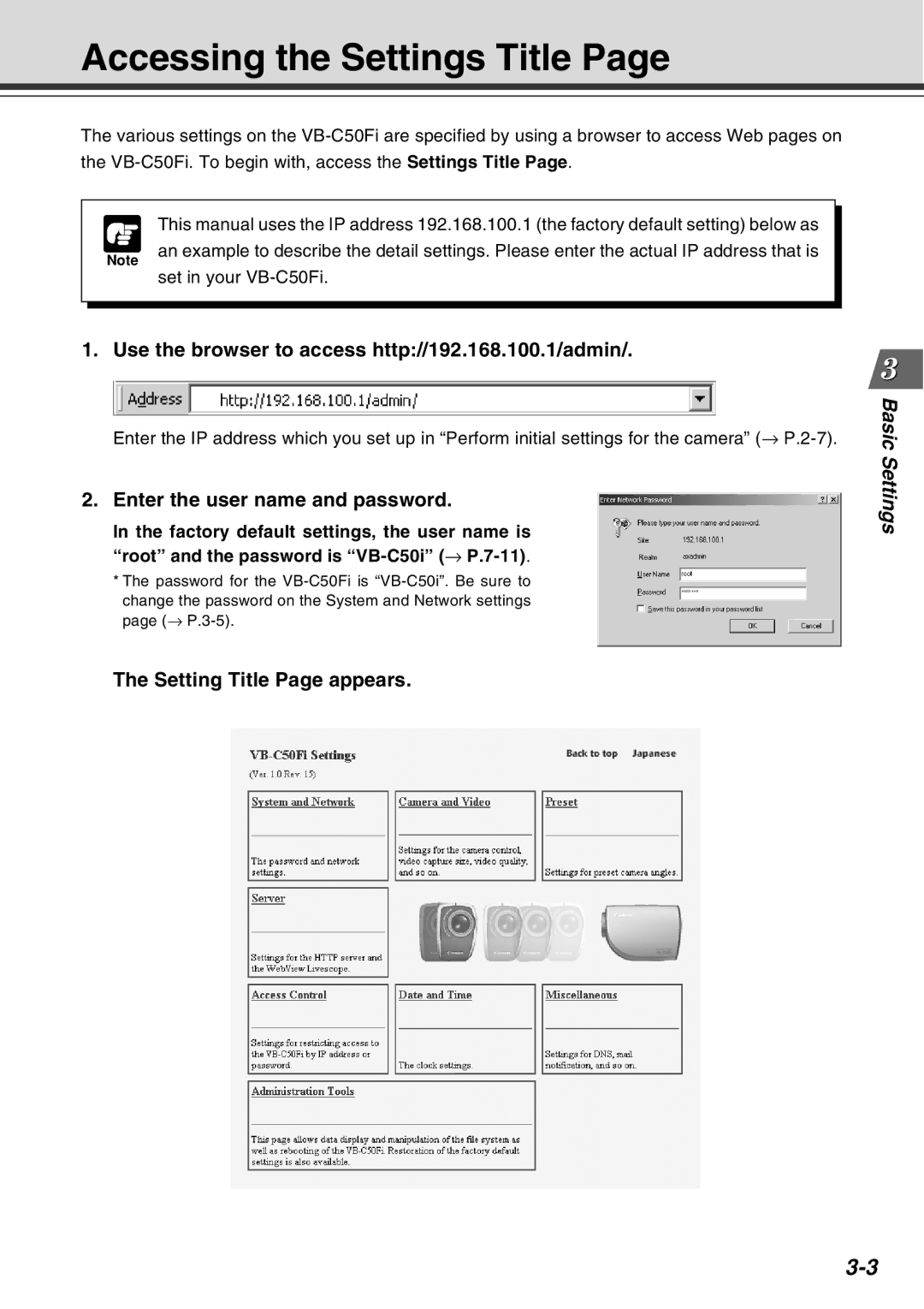 Canon Vb-C50fi user manual Accessing the Settings Title, Use the browser to access http//192.168.100.1/admin 