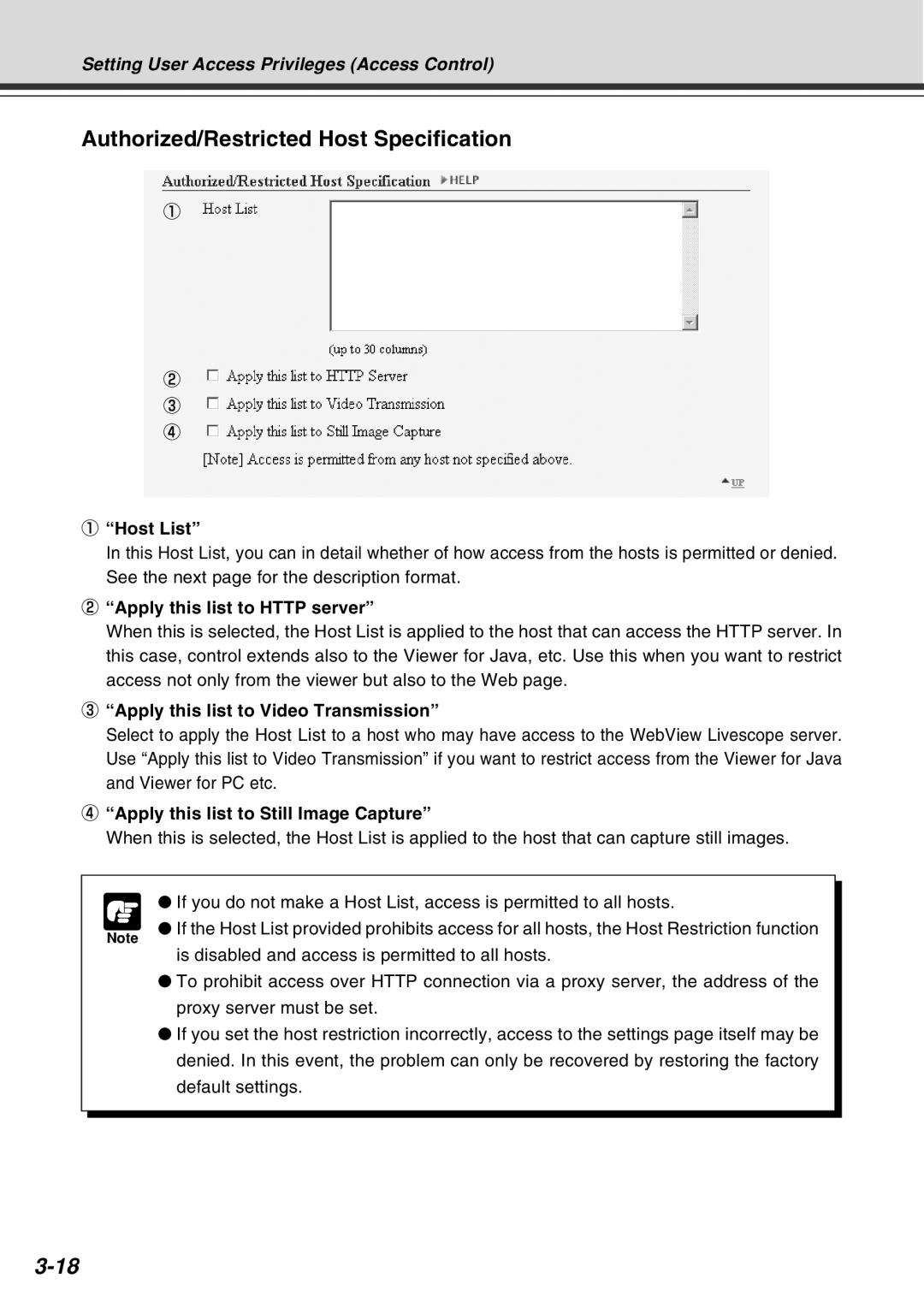 Canon Vb-C50fi user manual Authorized/Restricted Host Specification, Host List, Apply this list to Http server 