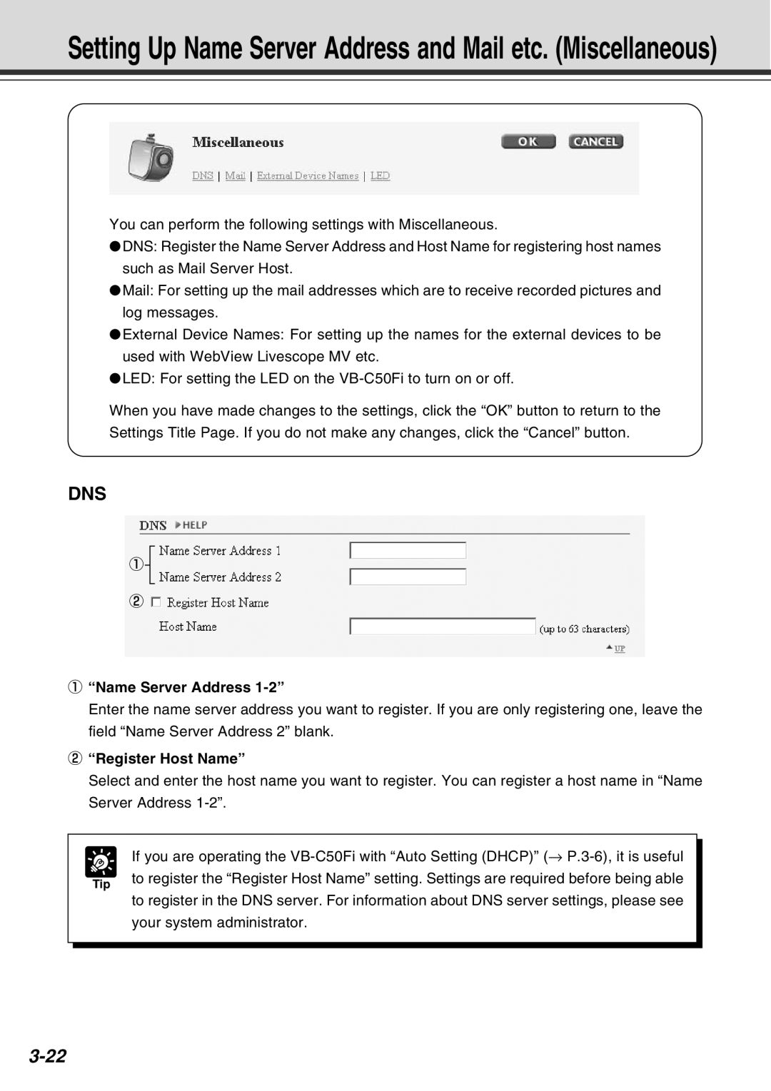 Canon Vb-C50fi user manual Name Server Address, Register Host Name 