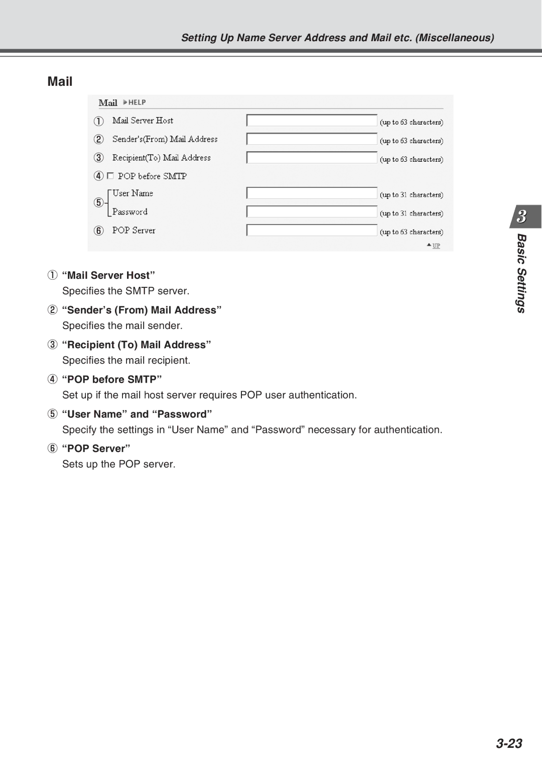 Canon Vb-C50fi Mail Server Host Specifies the Smtp server, POP before Smtp, User Name and Password, POP Server 