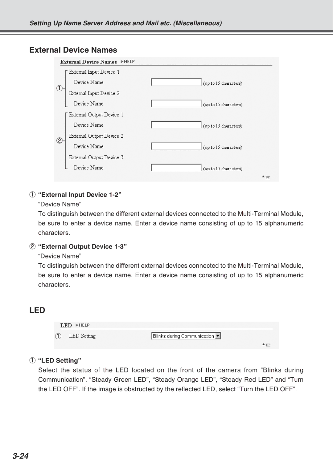 Canon Vb-C50fi External Device Names, External Input Device 1-2 Device Name, External Output Device 1-3 Device Name 