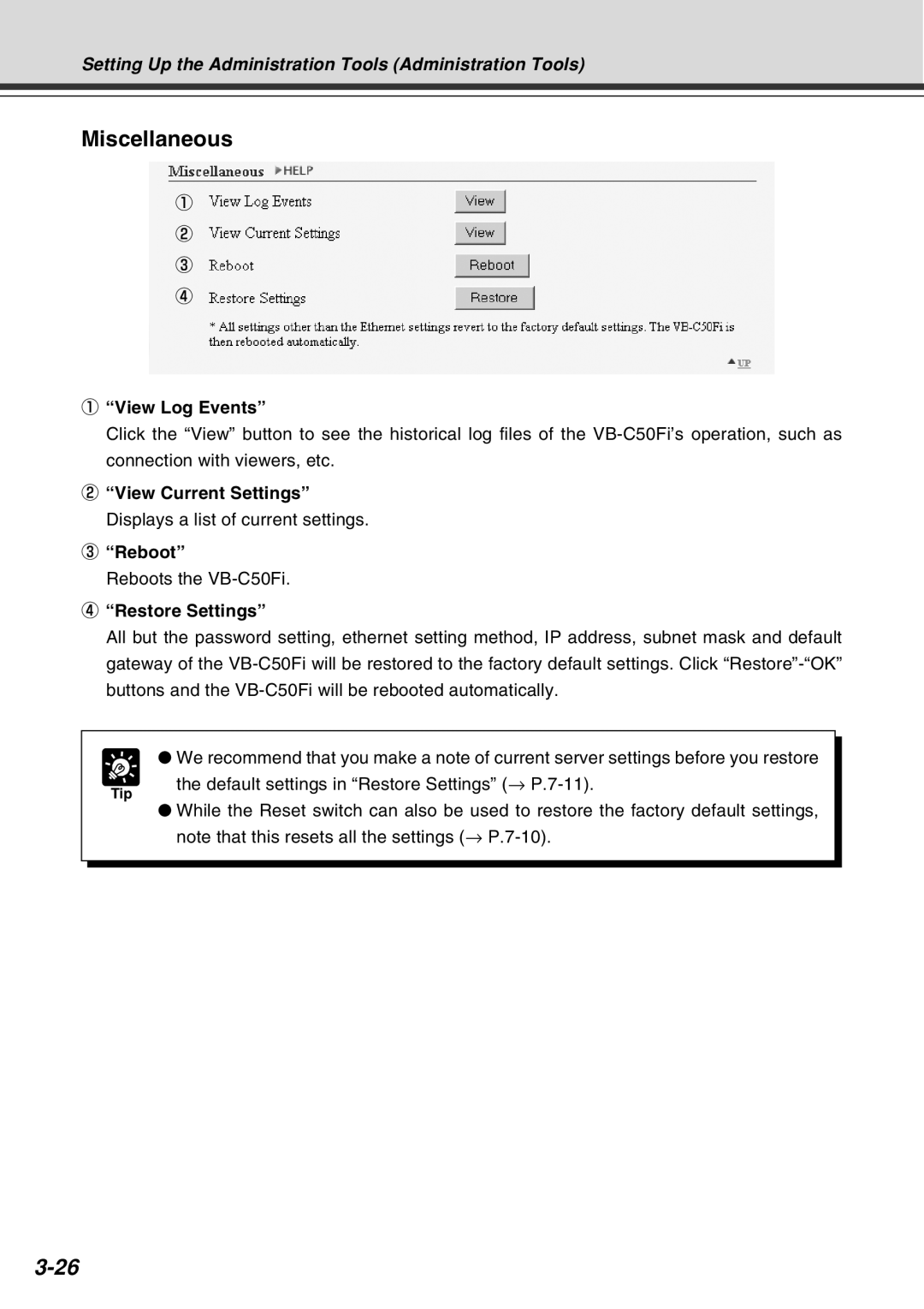 Canon Vb-C50fi user manual Miscellaneous, View Log Events, Restore Settings 