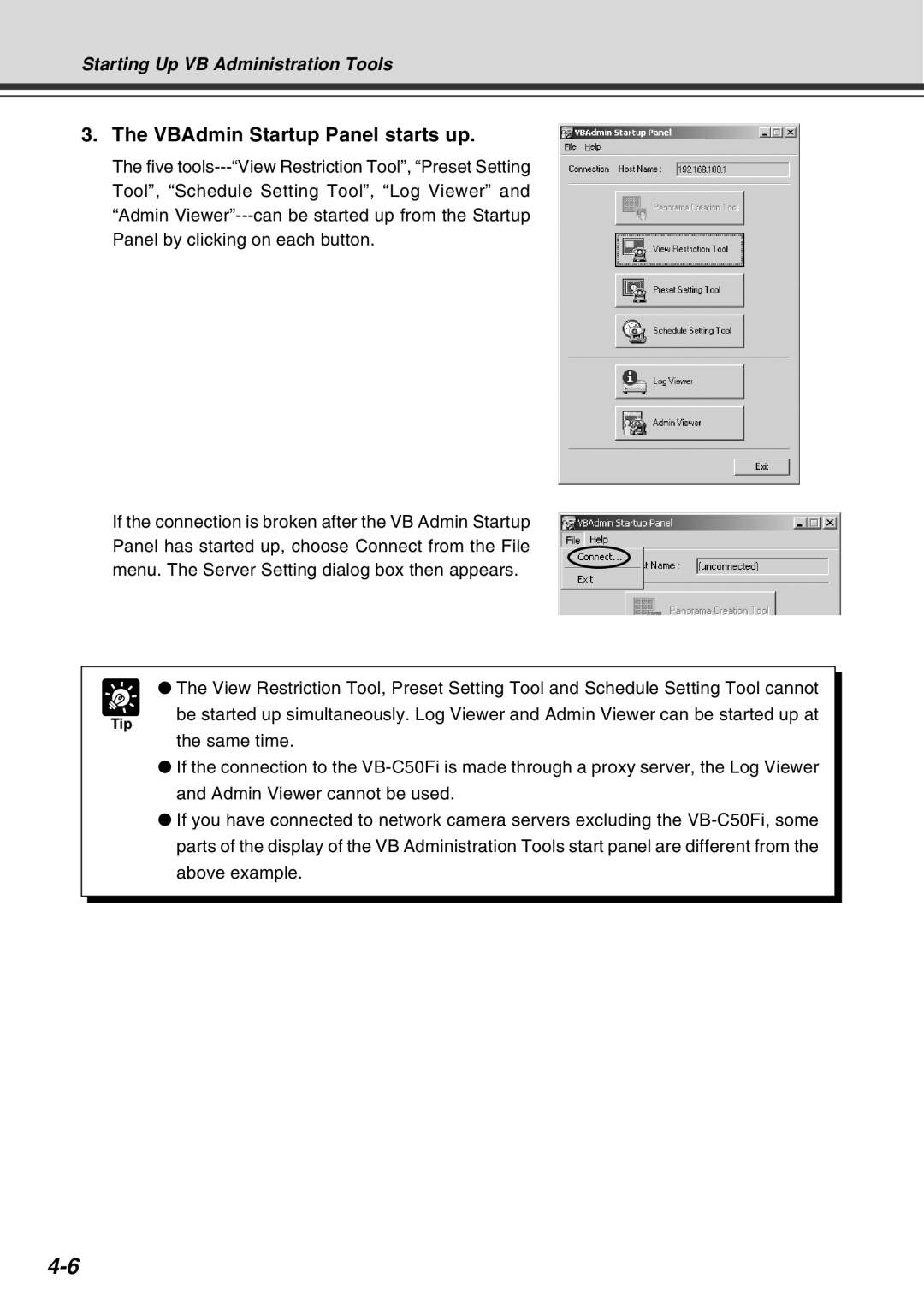 Canon Vb-C50fi user manual VBAdmin Startup Panel starts up, Tip 