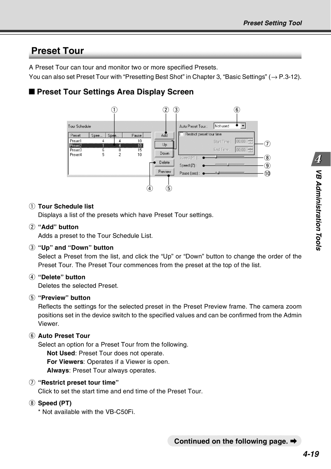 Canon Vb-C50fi user manual Preset Tour Settings Area Display Screen, Tour Schedule list, Up and Down button, Speed PT 