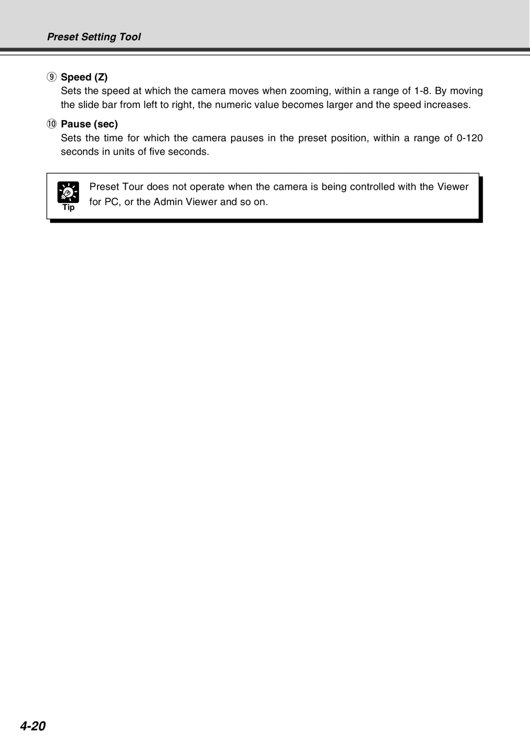 Canon Vb-C50fi user manual Speed Z, 0Pause sec 