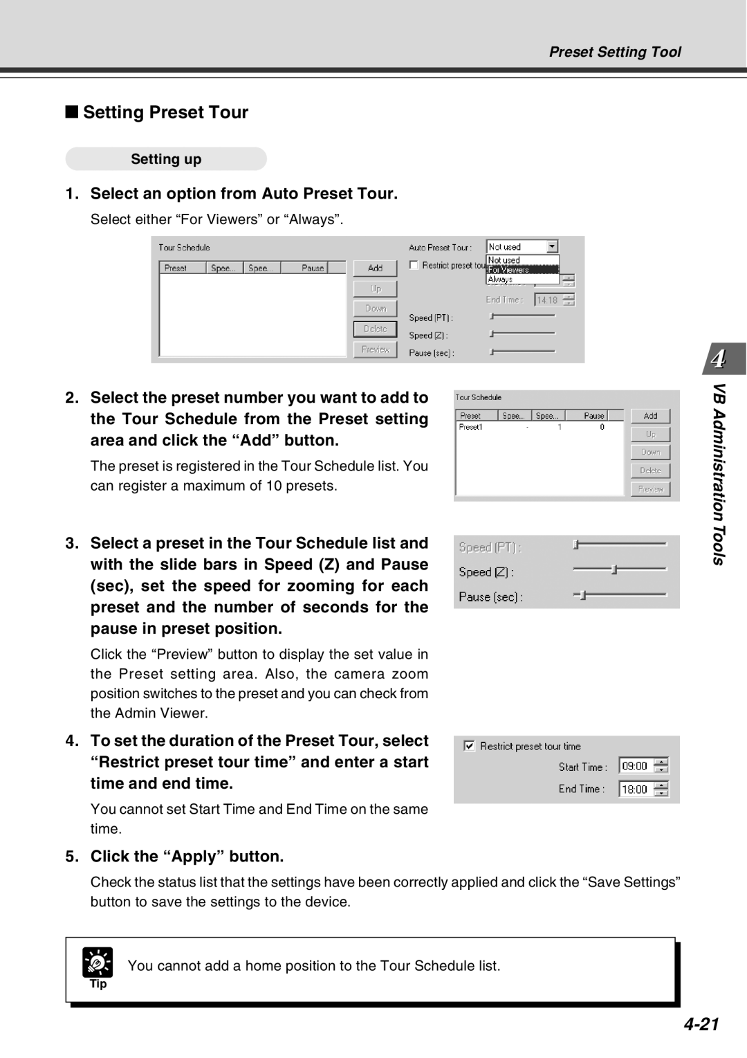 Canon Vb-C50fi user manual Setting Preset Tour, Select an option from Auto Preset Tour, Setting up 