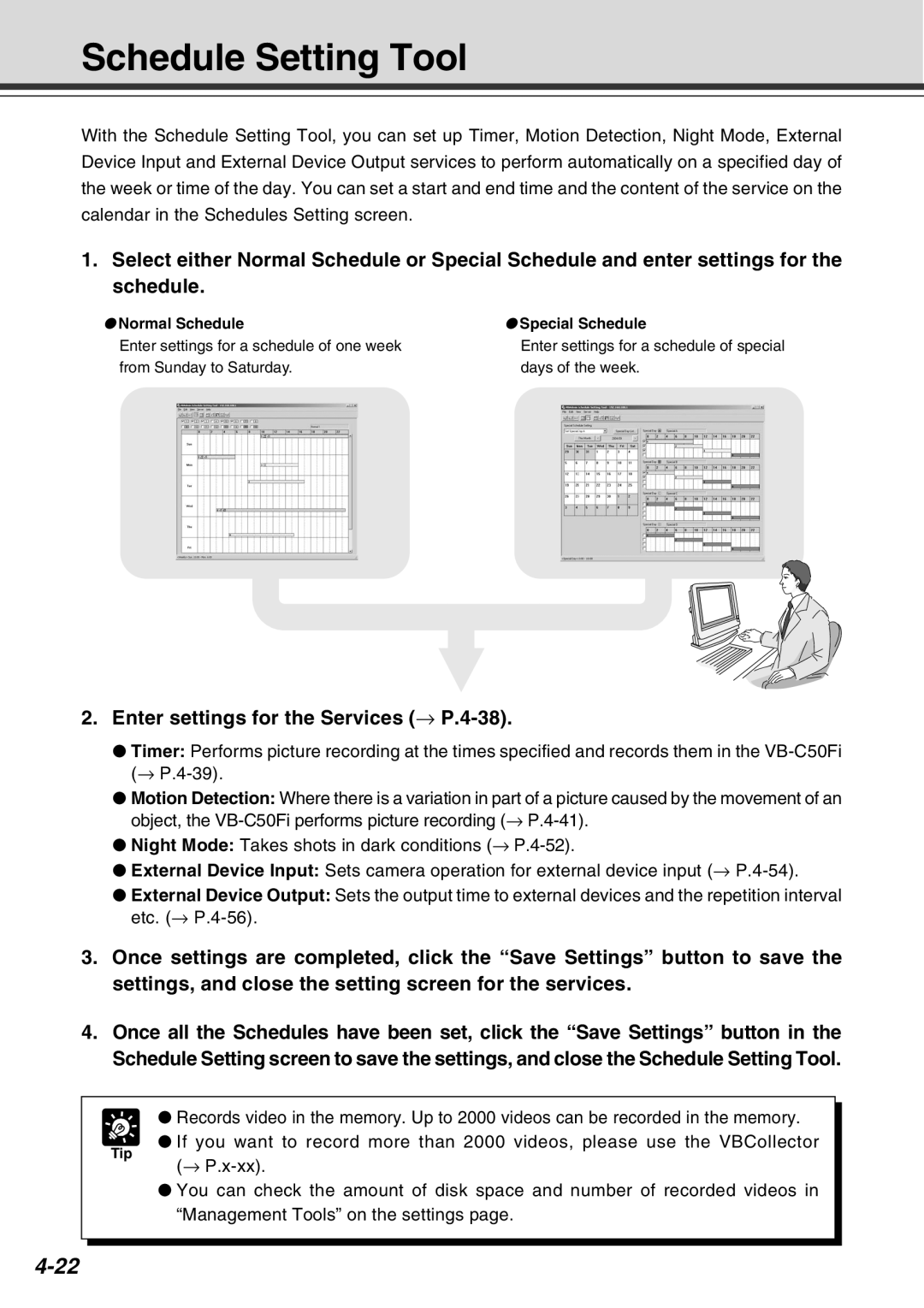 Canon Vb-C50fi Schedule Setting Tool, Enter settings for the Services → P.4-38, Normal Schedule Special Schedule 