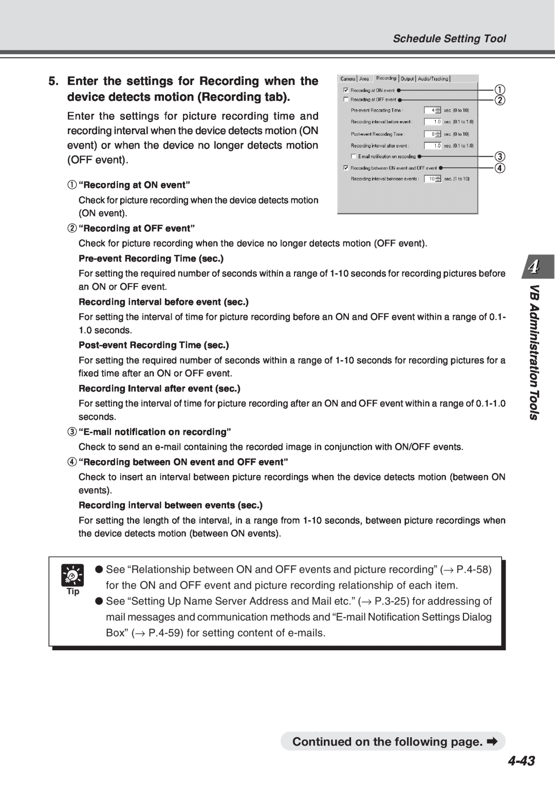 Canon Vb-C50fi user manual 4-43, Enter the settings for Recording when the, device detects motion Recording tab 