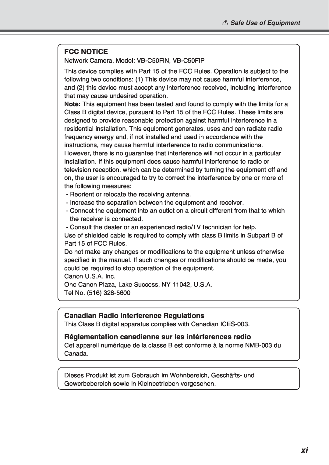 Canon Vb-C50fi user manual Fcc Notice, Canadian Radio Interference Regulations, aSafe Use of Equipment 