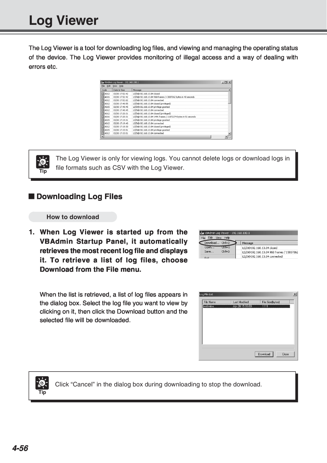 Canon Vb-C50fi user manual Log Viewer, Downloading Log Files, 4-56, How to download 