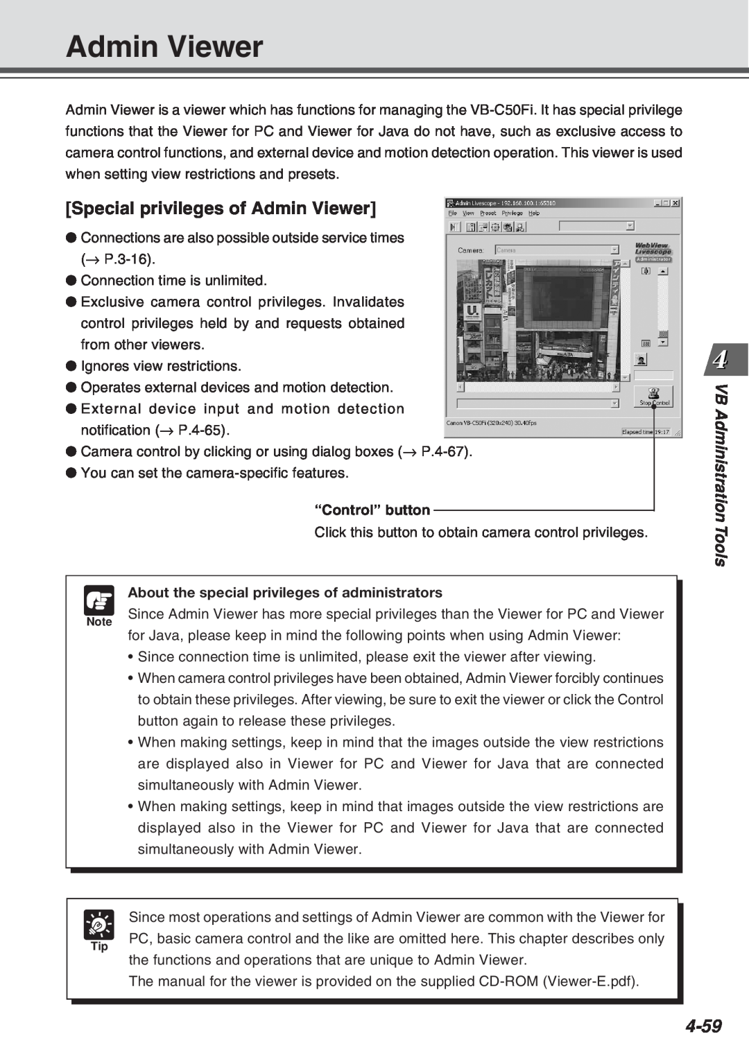Canon Vb-C50fi user manual Special privileges of Admin Viewer, 4-59, Tools, “Control” button 