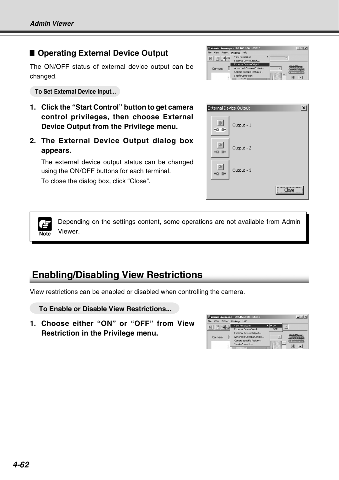 Canon Vb-C50fi user manual Enabling/Disabling View Restrictions, Operating External Device Output, 4-62, Admin Viewer 