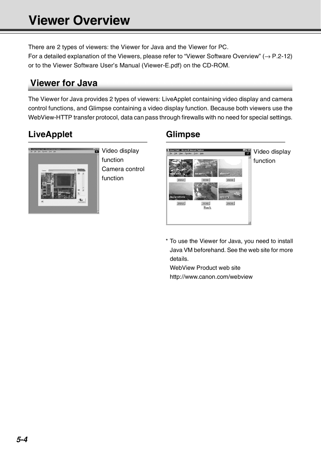 Canon Vb-C50fi user manual Viewer Overview, Viewer for Java, LiveApplet, Glimpse 