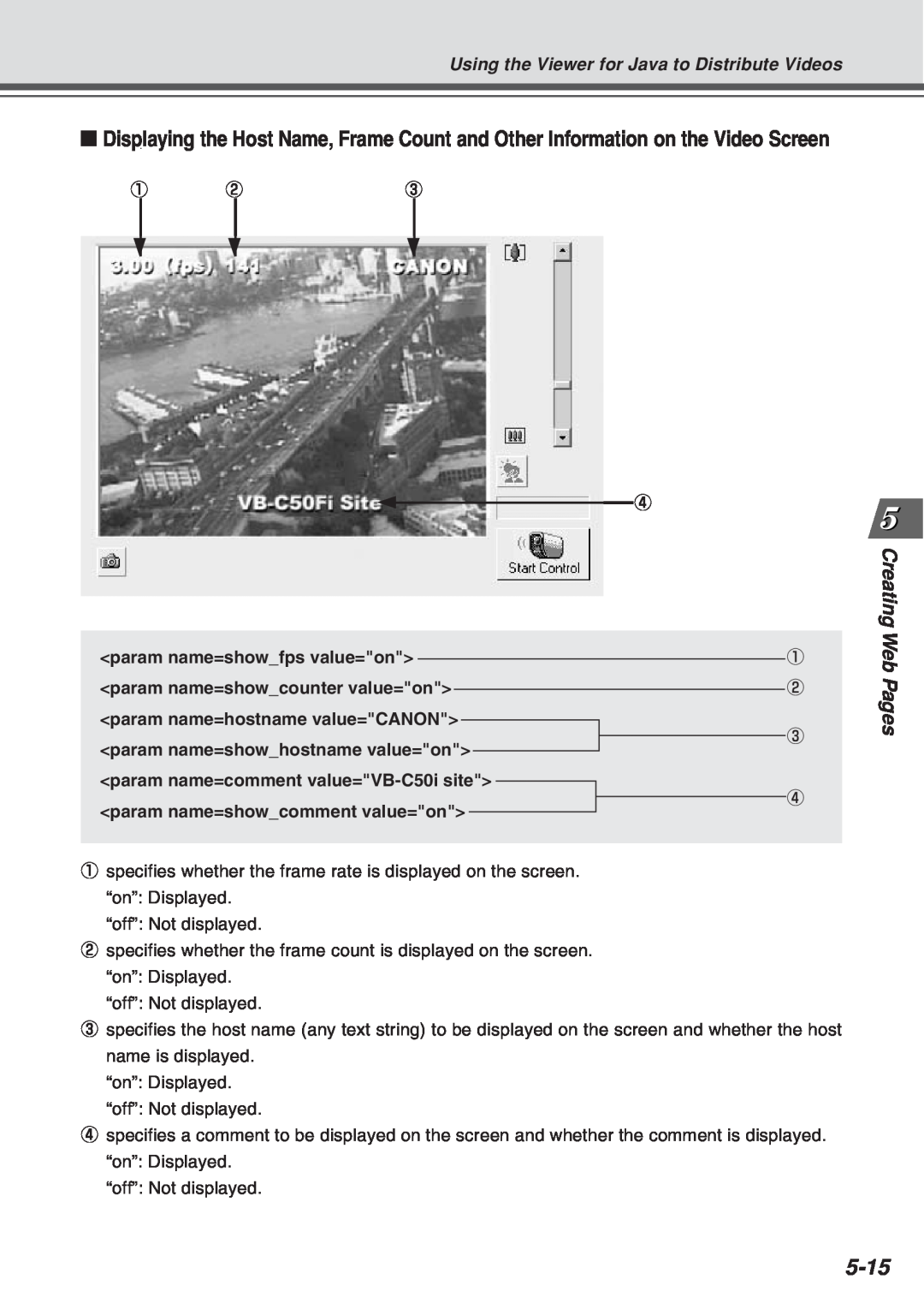 Canon Vb-C50fi user manual 5-15, Creating Web Pages, Using the Viewer for Java to Distribute Videos, “off”: Not displayed 