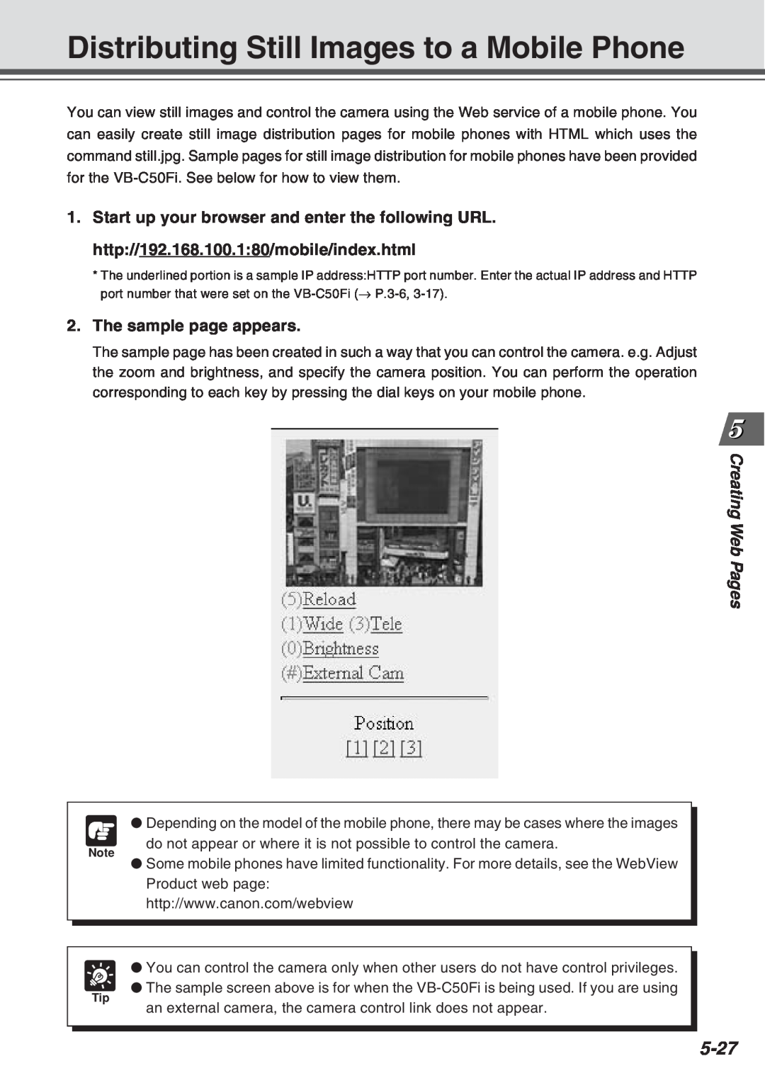 Canon Vb-C50fi user manual Distributing Still Images to a Mobile Phone, 5-27, The sample page appears, Creating Web Pages 