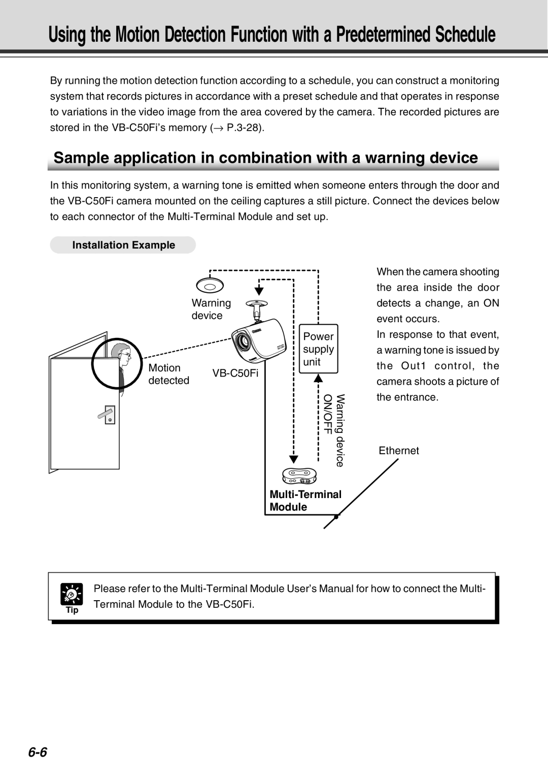 Canon Vb-C50fi user manual Installation Example, Warning device Motion VB-C50Fidetected 