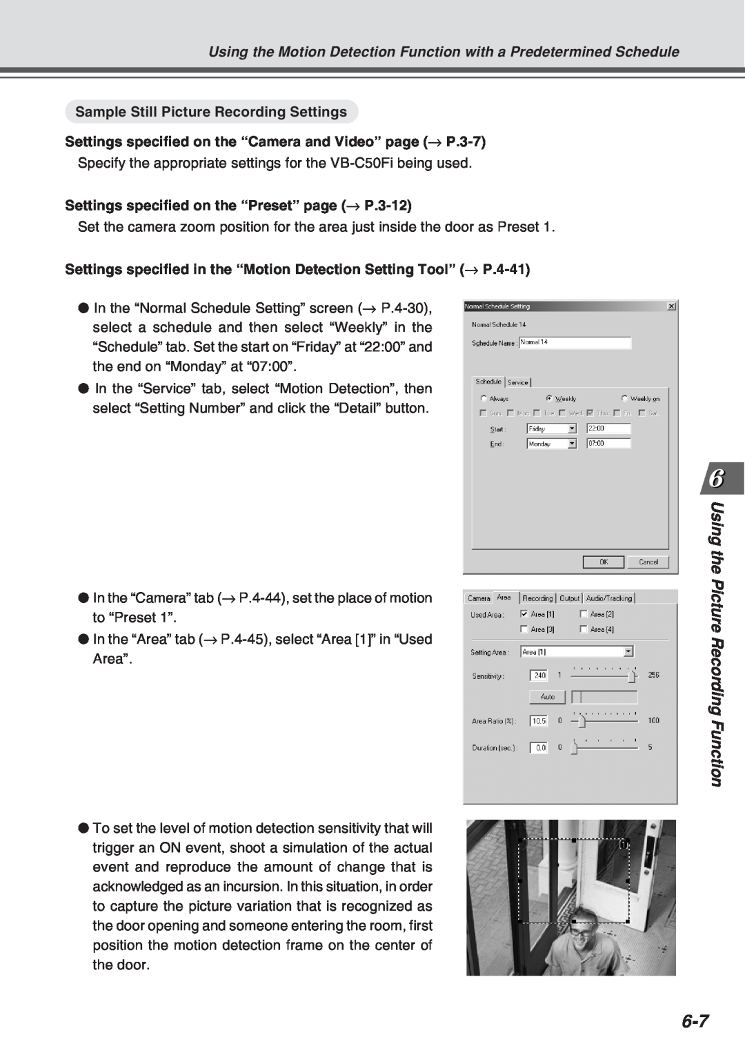Canon Vb-C50fi user manual Using the Picture Recor ding Function, Sample Still Picture Recording Settings 