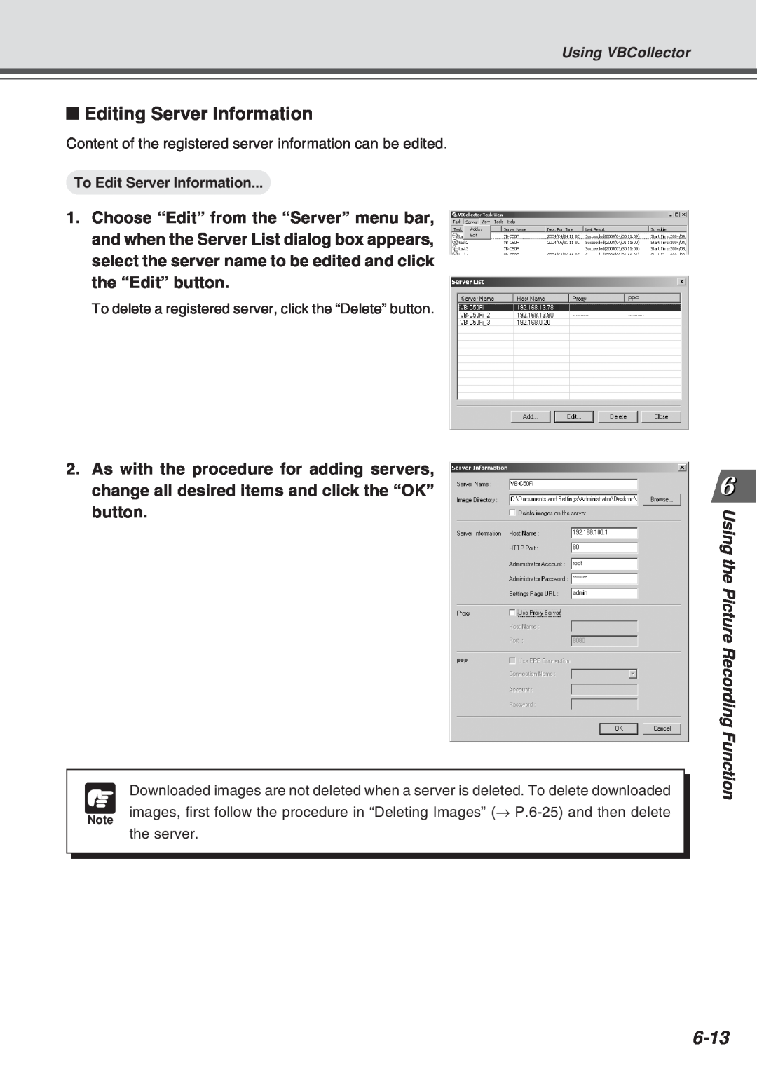 Canon Vb-C50fi user manual Editing Server Information, 6-13, Using the, Picture Recor ding Function 