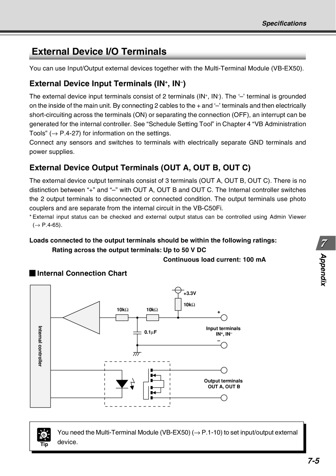 Canon Vb-C50fi user manual External Device I/O Terminals, External Device Input Terminals IN+, IN, Appendix, Specifications 