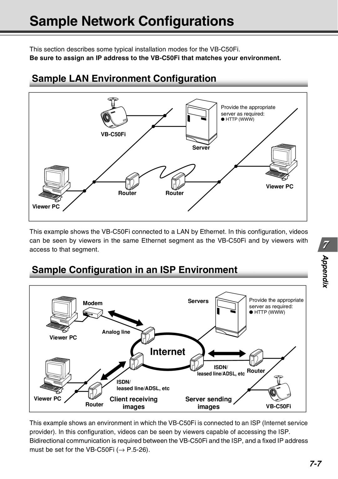 Canon Vb-C50fi Sample Network Configurations, Sample LAN Environment Configuration, Internet, Server sending, images 