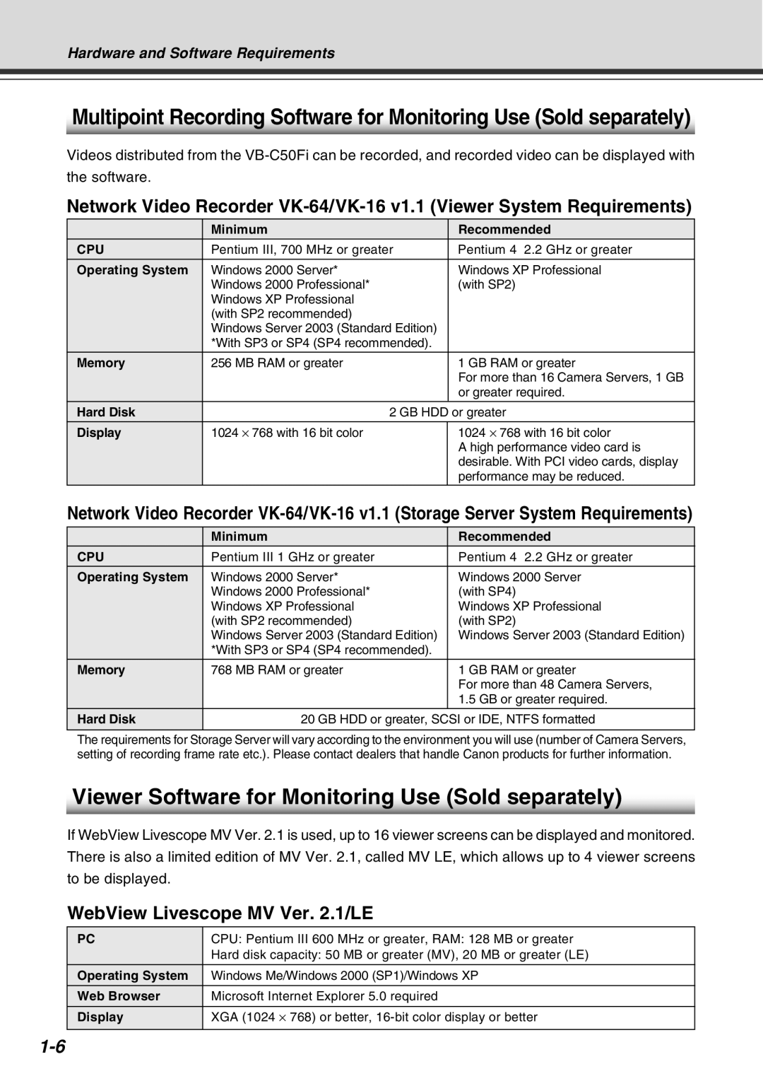 Canon Vb-C50fi user manual WebView Livescope MV Ver. 2.1/LE, Hardware and Software Requirements 
