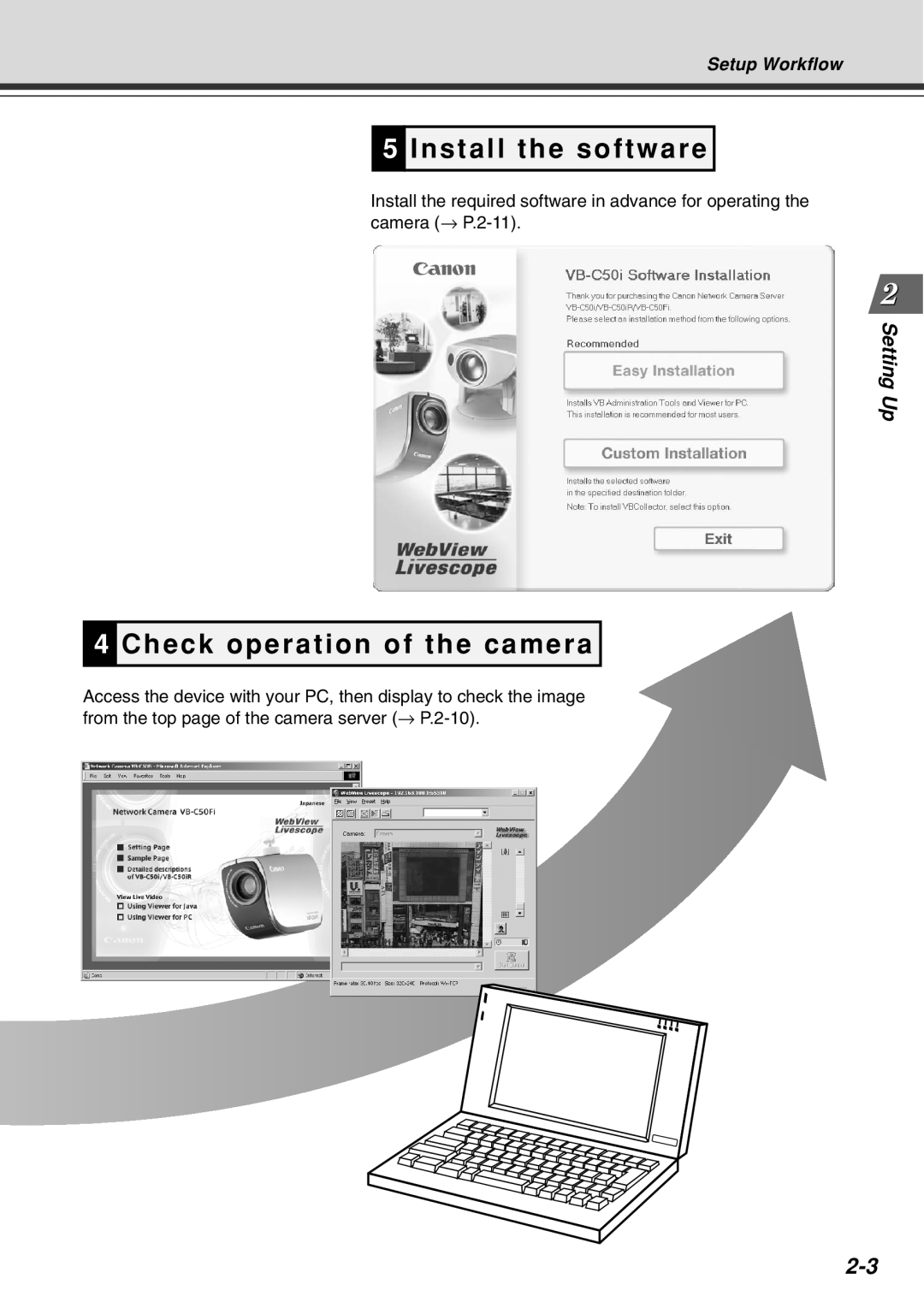 Canon Vb-C50fi user manual Install the software, Check operation of the camera, Setting Up, Setup Workflow 