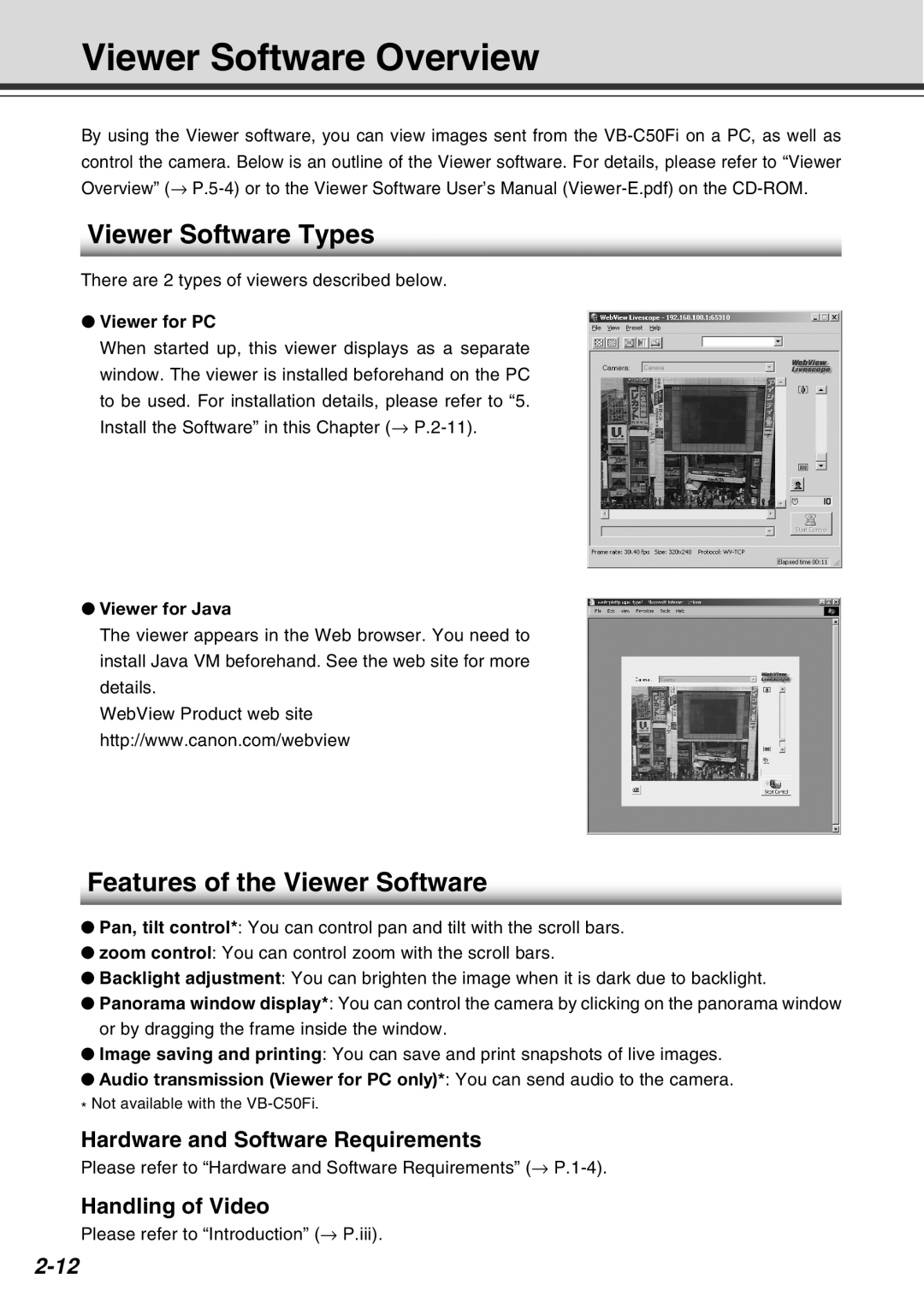 Canon Vb-C50fi Viewer Software Overview, Viewer Software Types, Features of the Viewer Software, Handling of Video, 2-12 