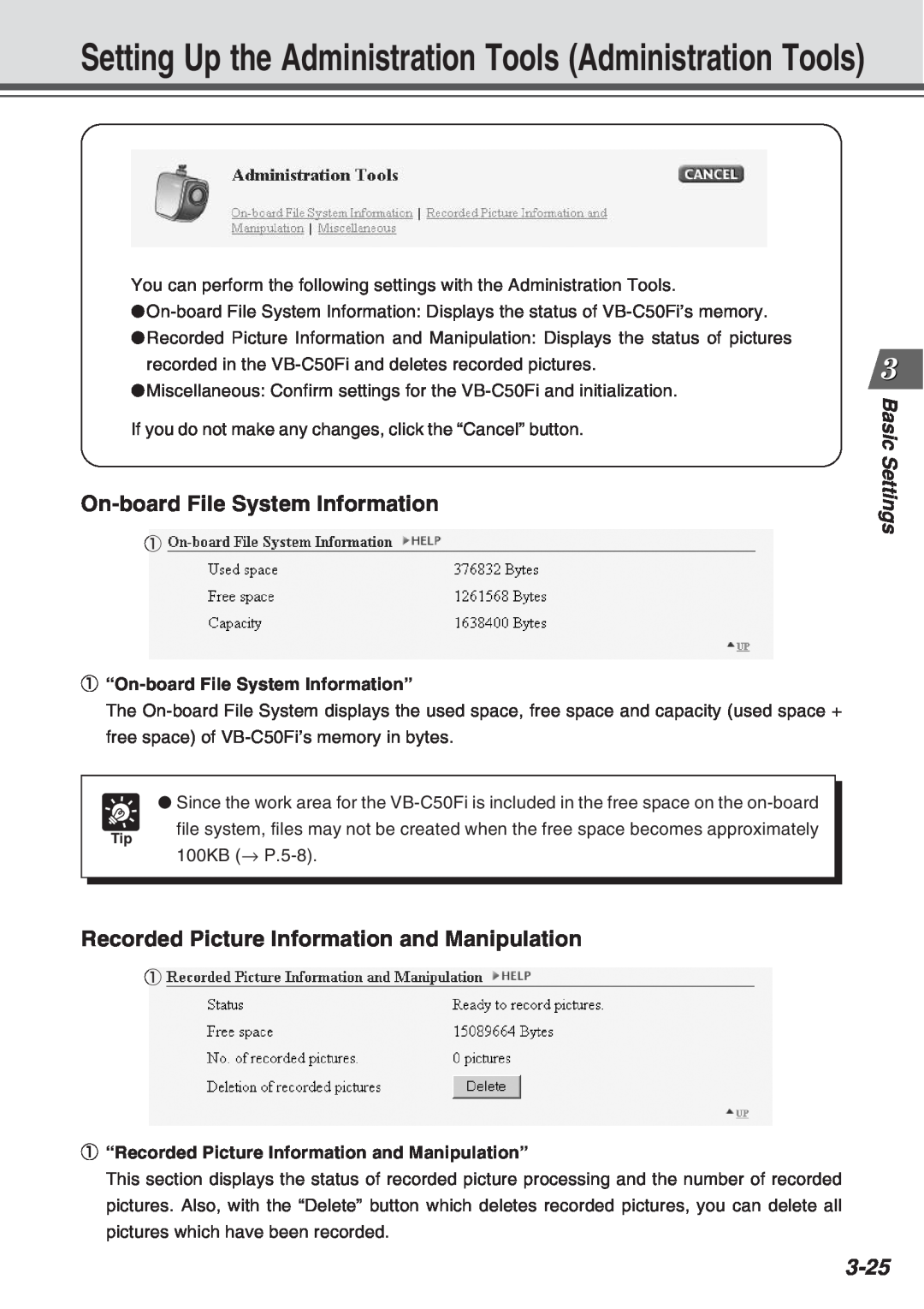Canon Vb-C50fi On-boardFile System Information, Recorded Picture Information and Manipulation, 3-25, Basic Settings 