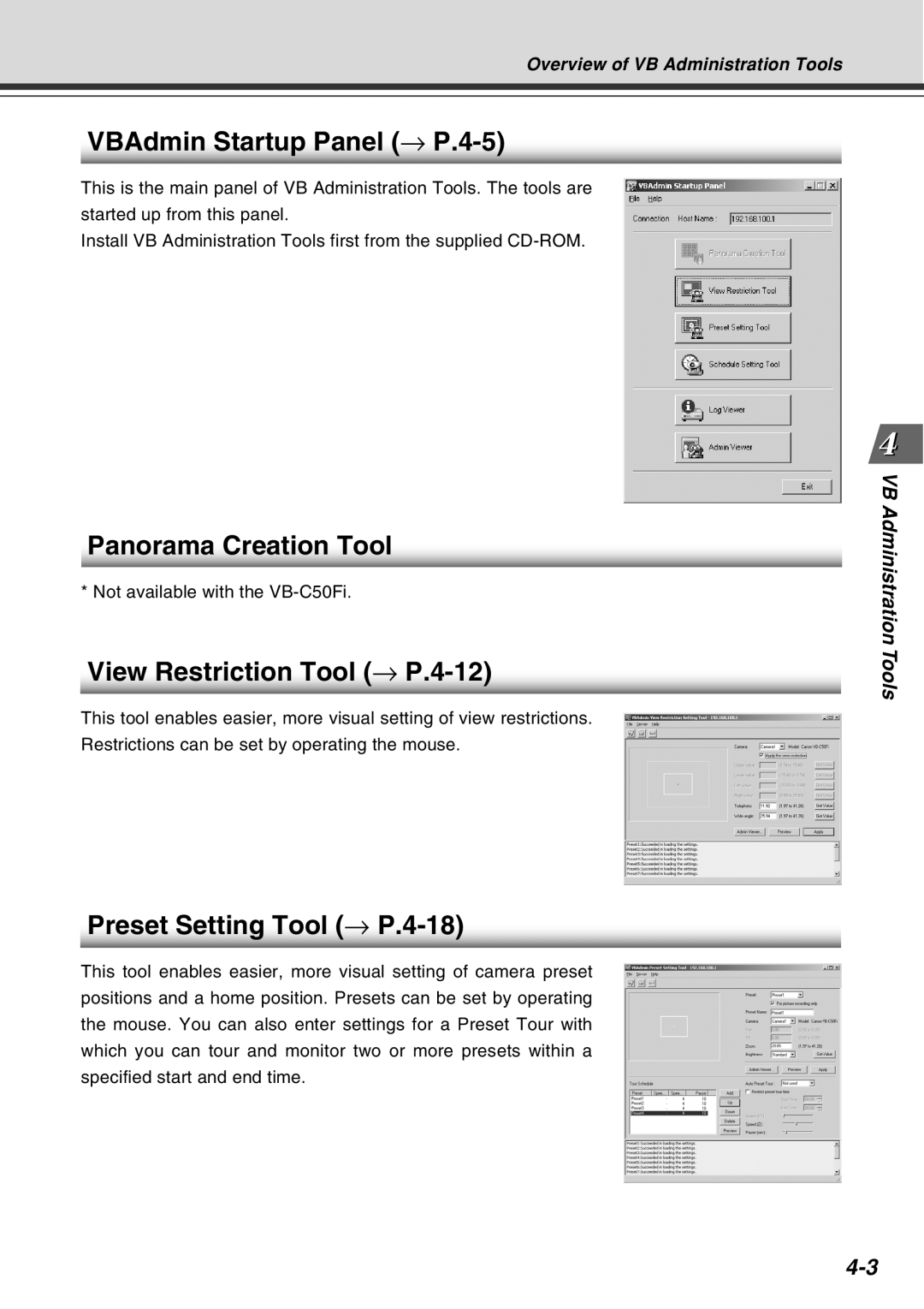 Canon Vb-C50fi user manual VBAdmin Startup Panel → P.4-5, Panorama Creation Tool, View Restriction Tool → P.4-12 