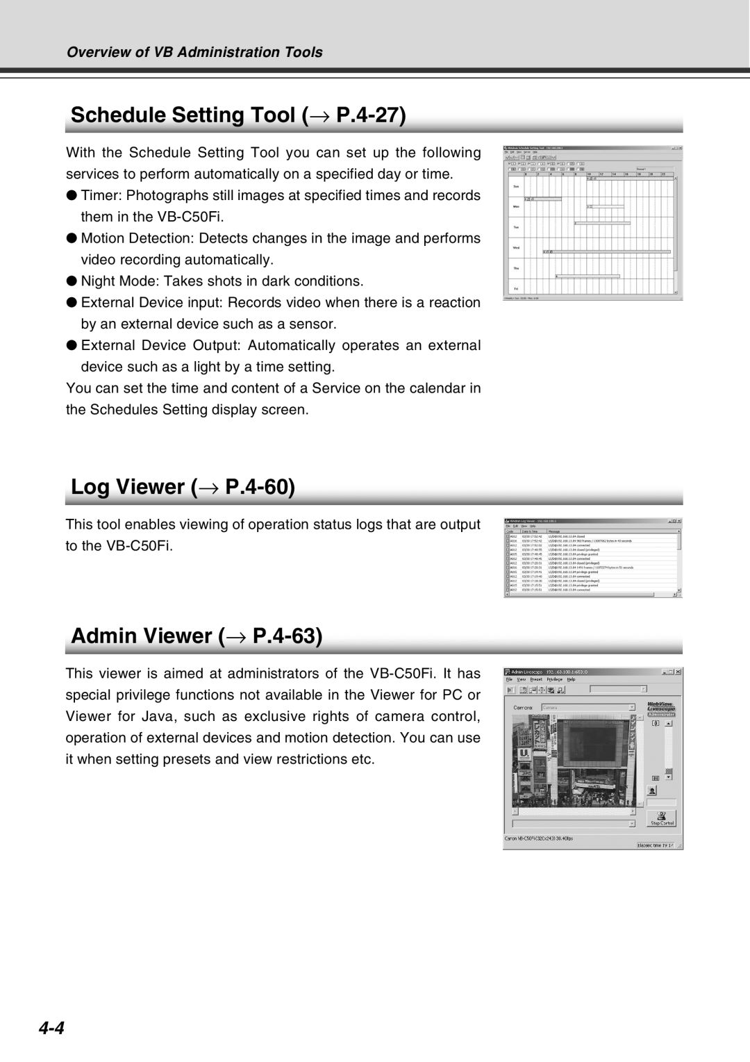 Canon Vb-C50fi user manual Schedule Setting Tool → P.4-27, Log Viewer → P.4-60, Admin Viewer → P.4-63 