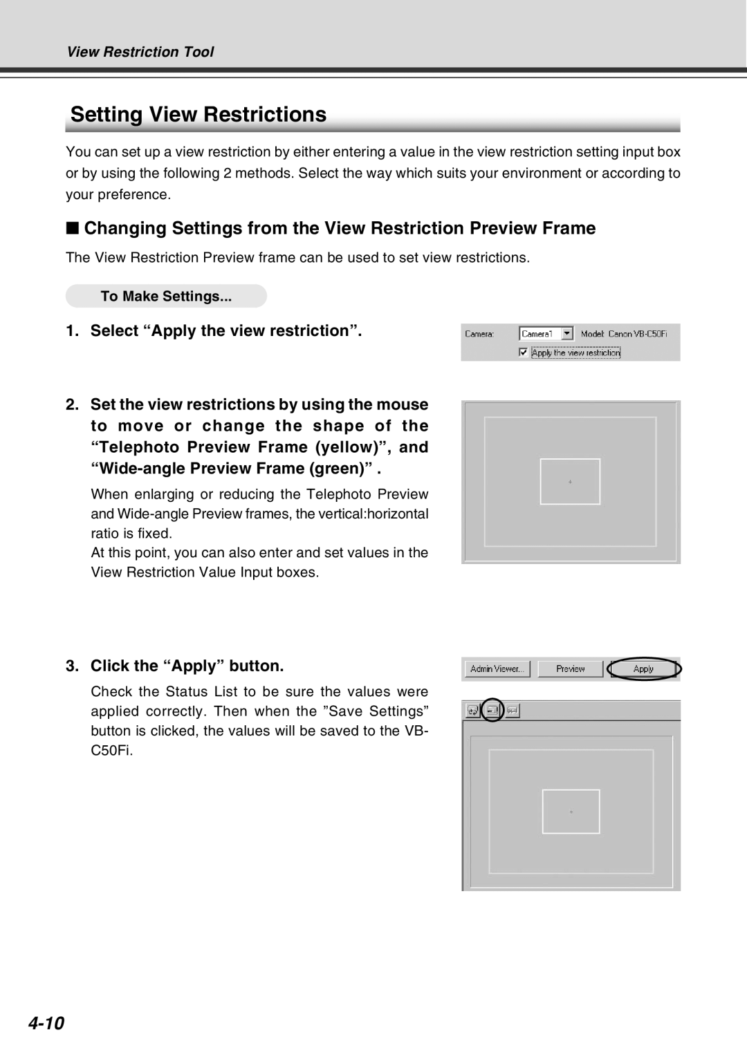 Canon Vb-C50fi user manual Setting View Restrictions, 4-10, Select “Apply the view restriction”, Click the “Apply” button 