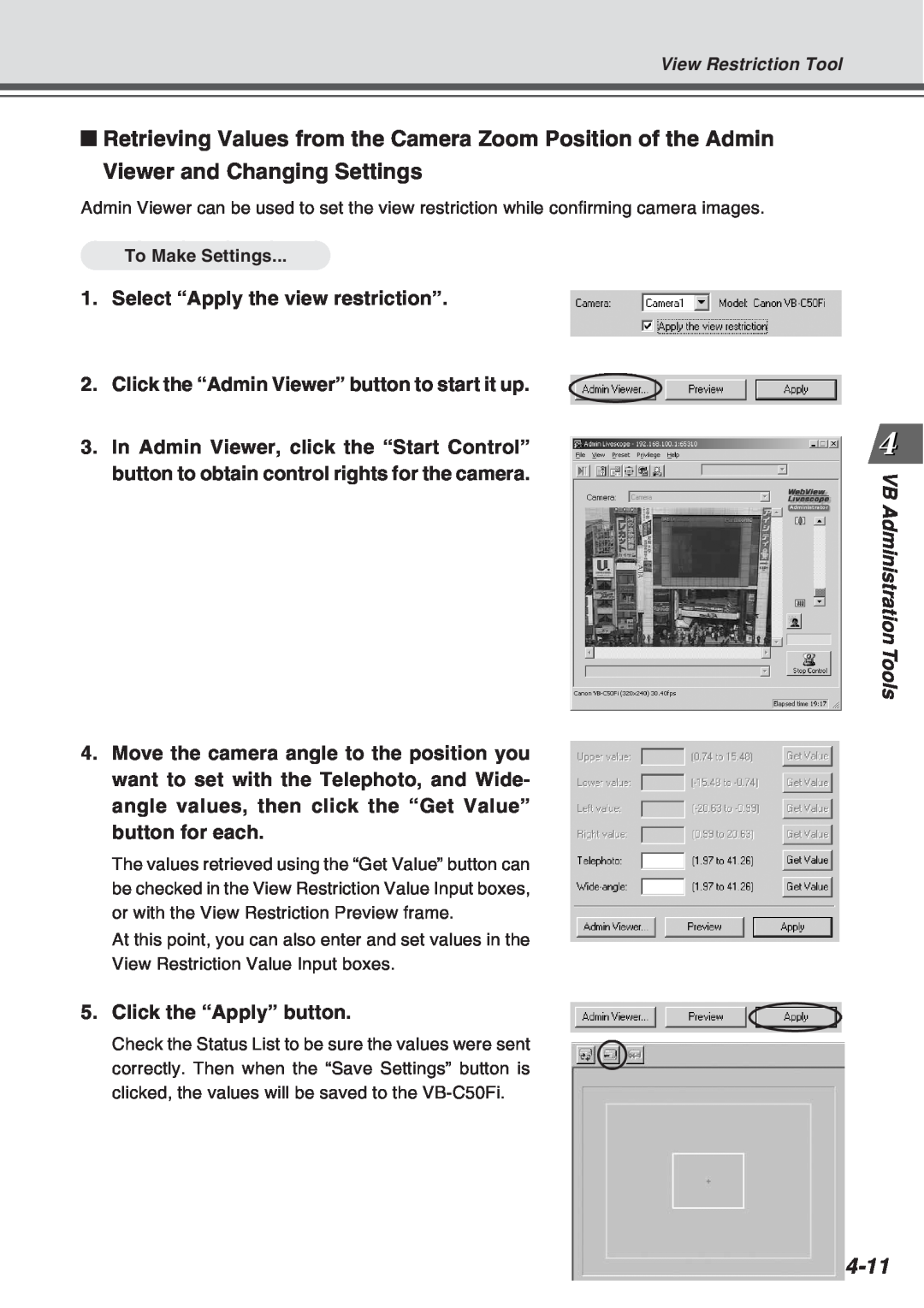 Canon Vb-C50fi user manual Viewer and Changing Settings, 4-11, VB Administration Tools 