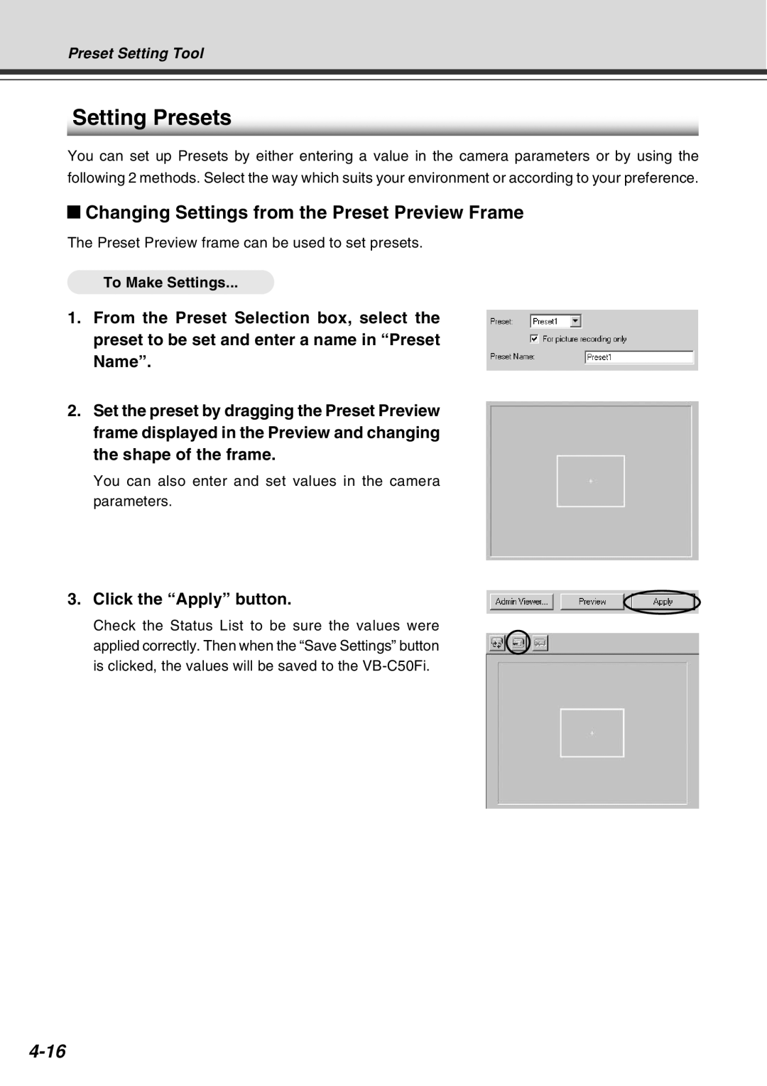 Canon Vb-C50fi user manual Setting Presets, Changing Settings from the Preset Preview Frame, 4-16 