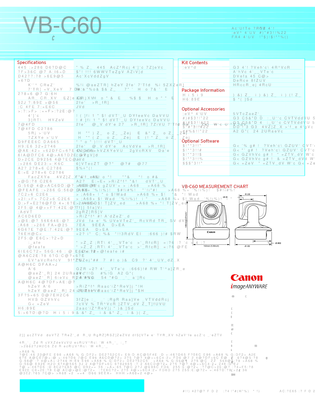 Canon VB-C60 manual Specifications, Kit Contents, Package Information, Optional Accessories, Optional Software 