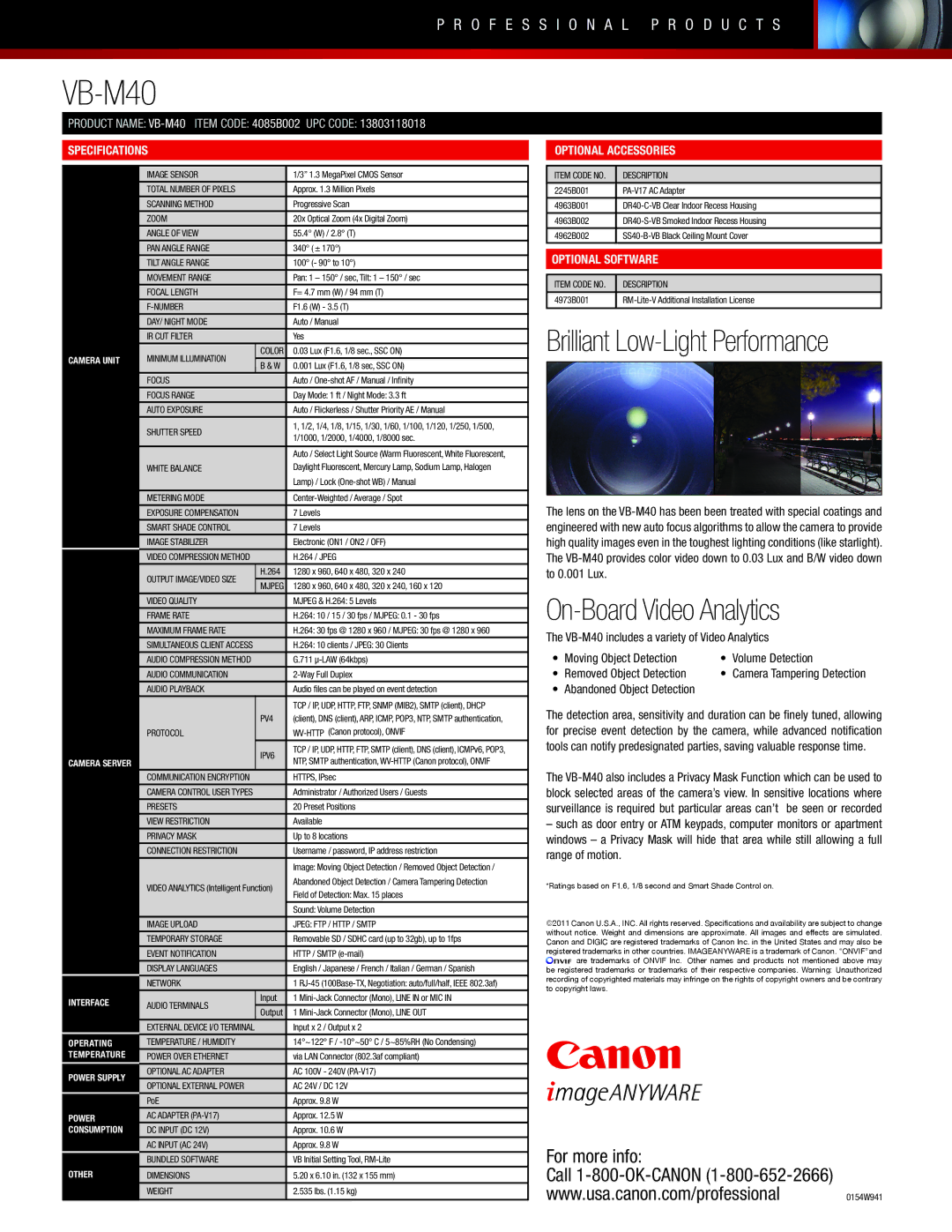 Canon VB-M40 Image Sensor, Scanning Method, Zoom, Angle of View, PAN Angle Range, Tilt Angle Range, Movement Range, Number 