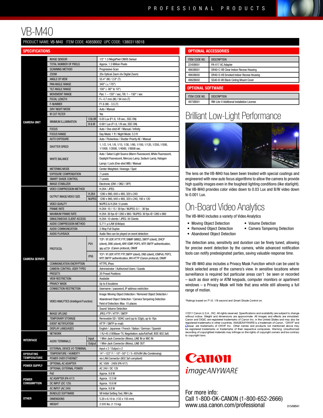 Canon VB-M40 manual p r o f e s s i o n a l p r o d u c t s, On-BoardVideo Analytics, Brilliant Low-LightPerformance 