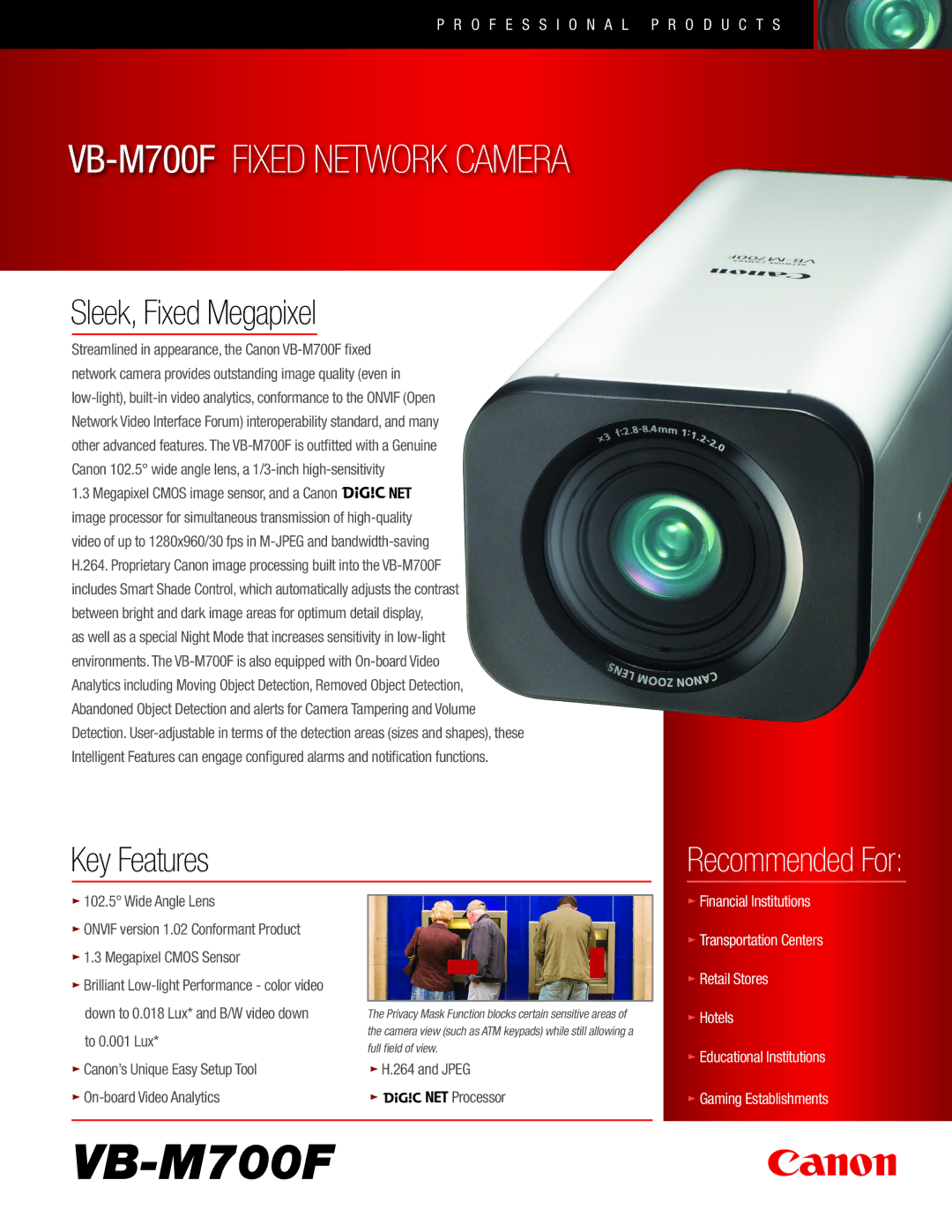 Canon VB-M700F manual Sleek, Fixed Megapixel, Key Features 