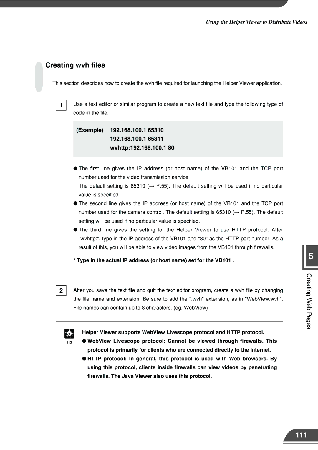 Canon VB101 appendix Creating wvh files, 111, Firewalls. The Java Viewer also uses this protocol 