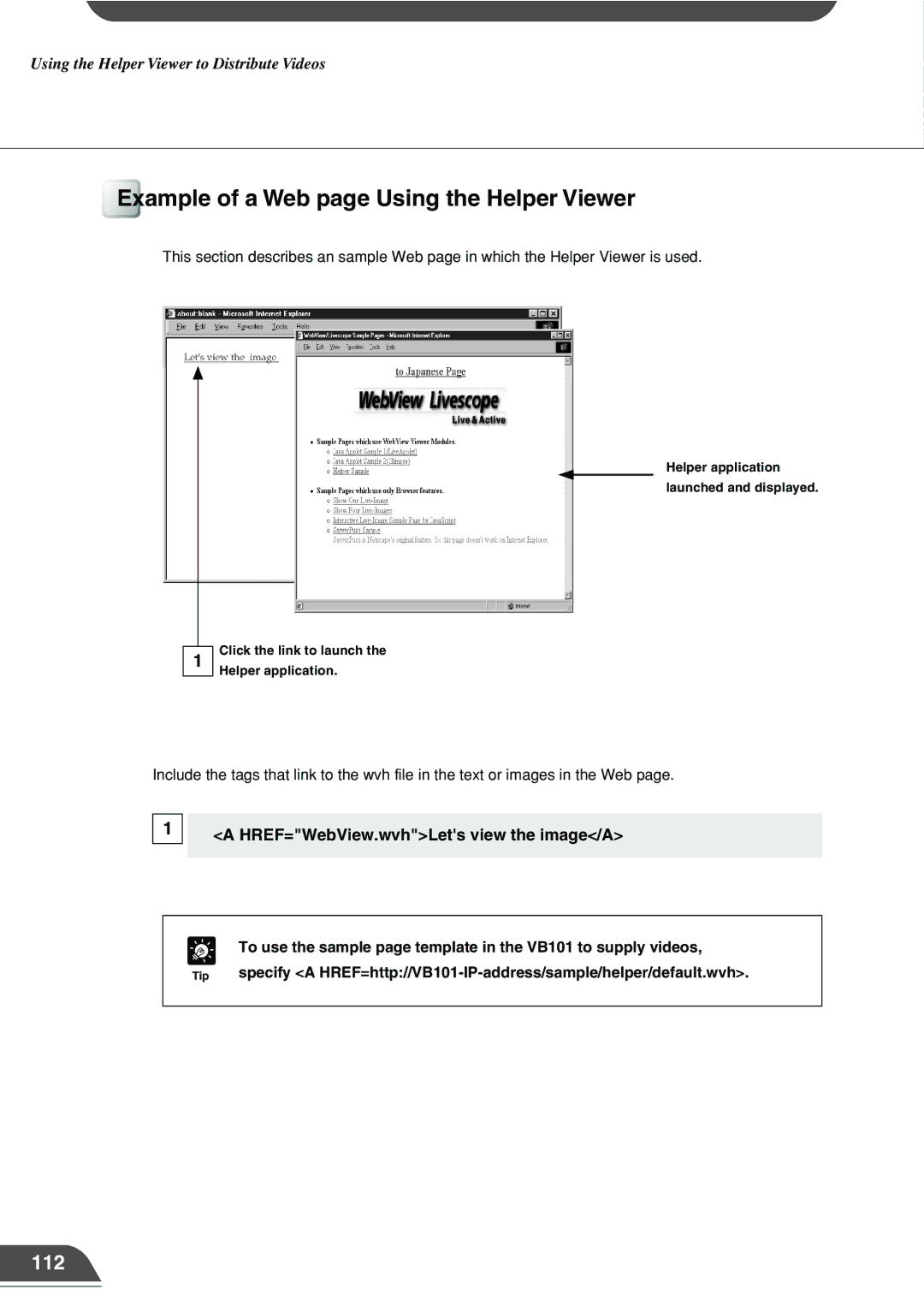 Canon VB101 appendix Example of a Web page Using the Helper Viewer, 112 