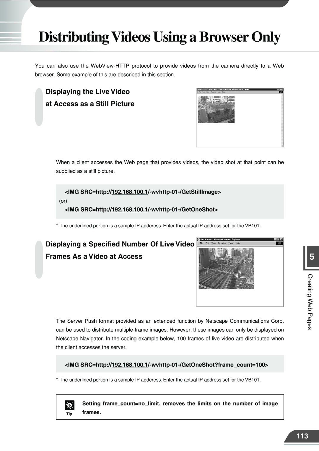 Canon VB101 Distributing Videos Using a Browser Only, Displaying the Live Video At Access as a Still Picture, 113, Frames 