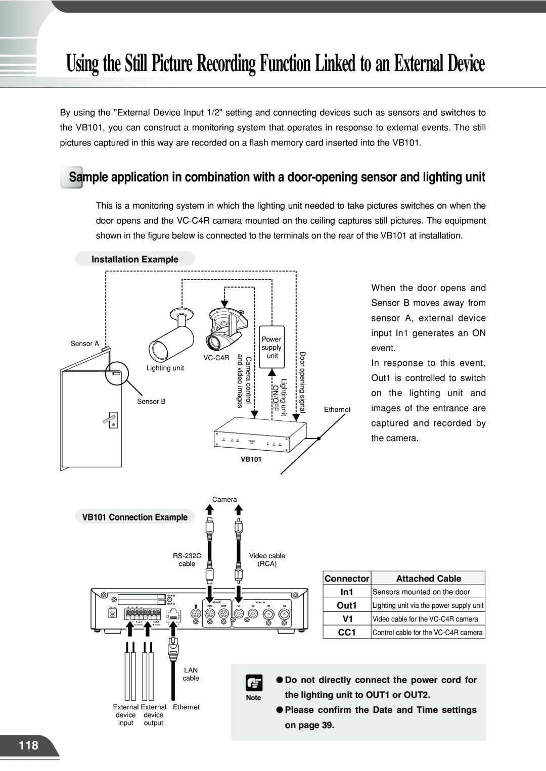 Canon appendix 118, Installation Example, VB101 Connection Example, Connector Attached Cable In1, Out1 